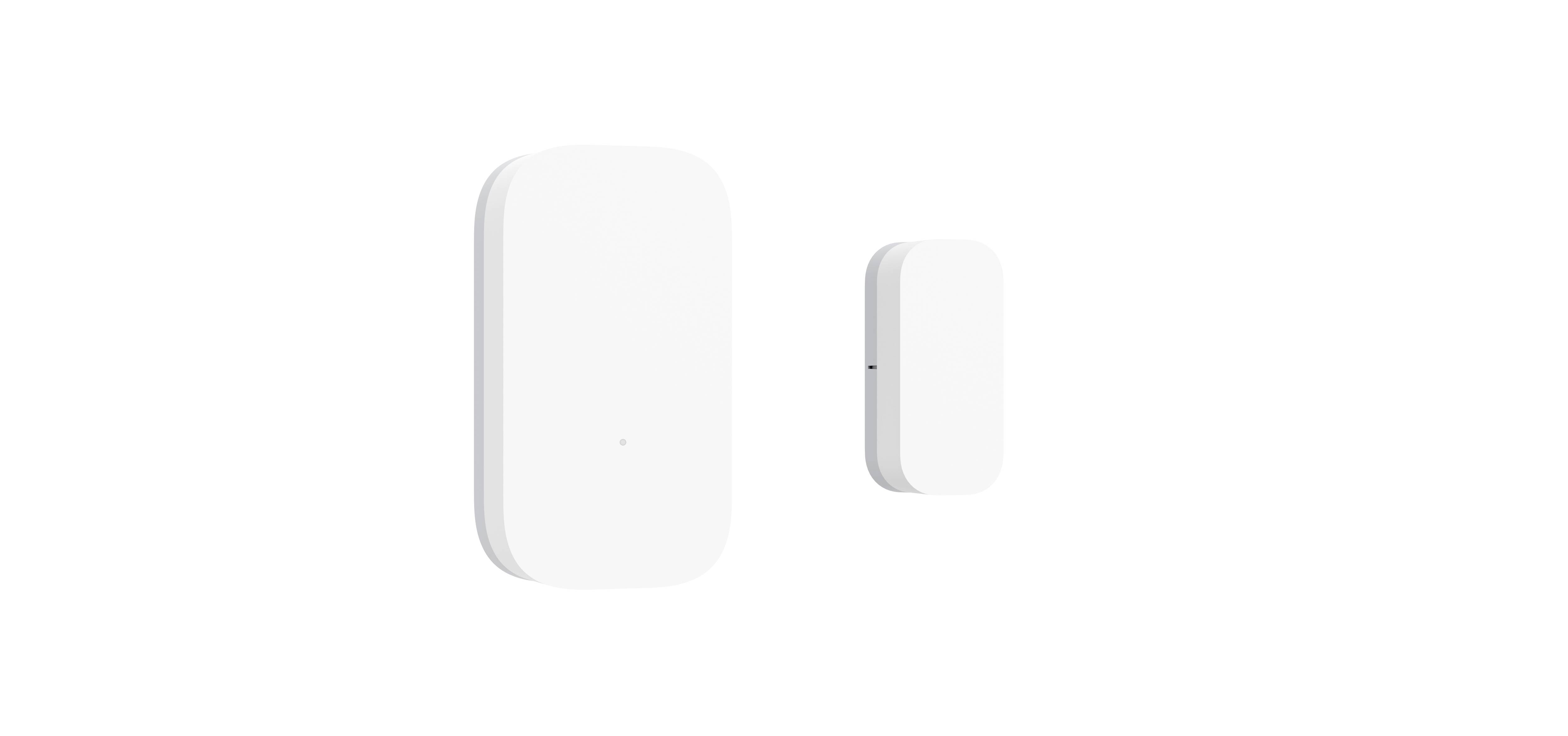 Zwei weiße, rechteckige Sensorgeräte auf weißem Hintergrund, eines größer als das andere. Sie haben abgerundete Ecken und ein schlichtes Design.