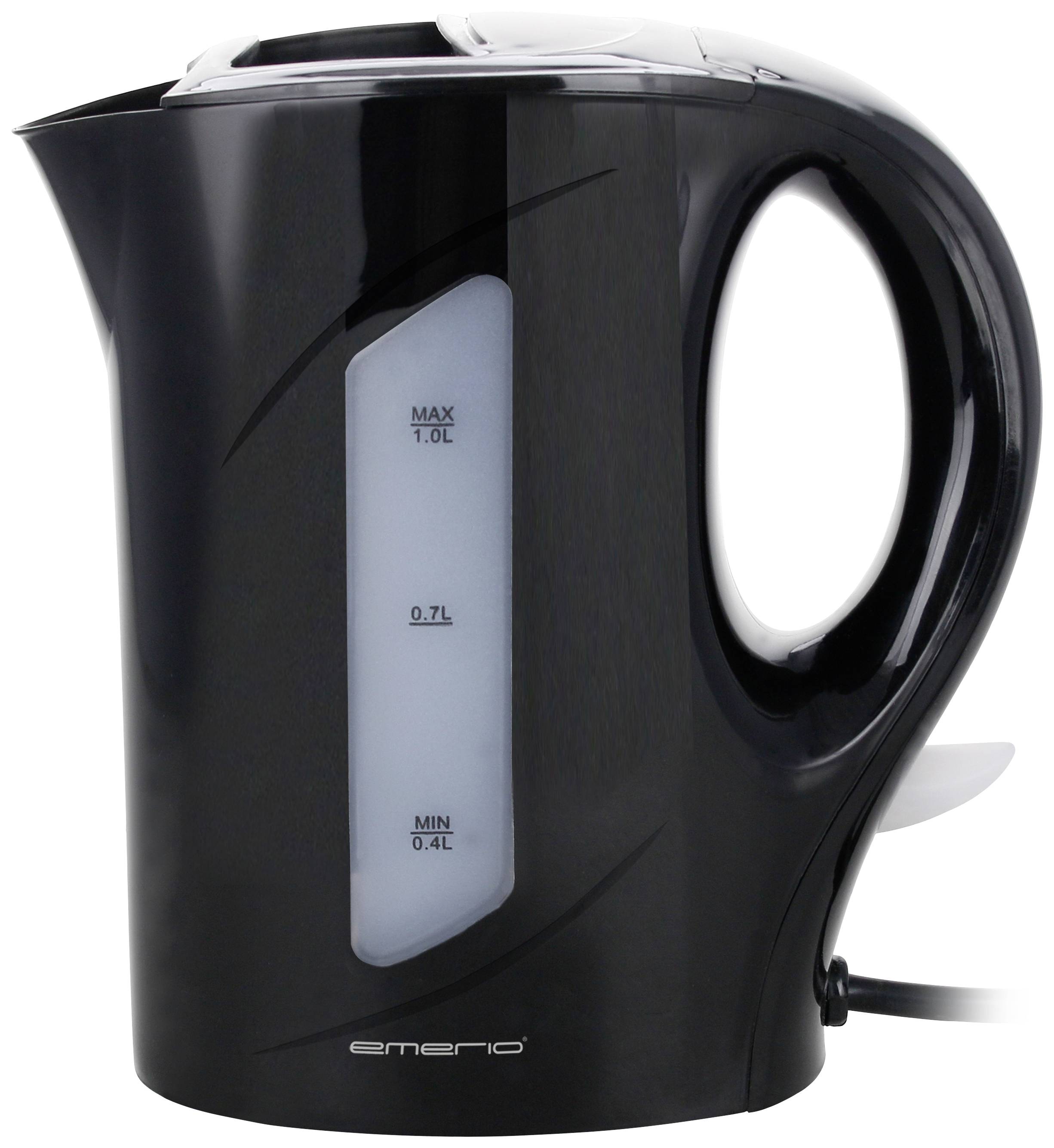 Elektrischer Wasserkocher in Schwarz mit maximal 1,0 Liter Fassungsvermögen, klarem Wasserstandsanzeiger und ergonomischem Griff.