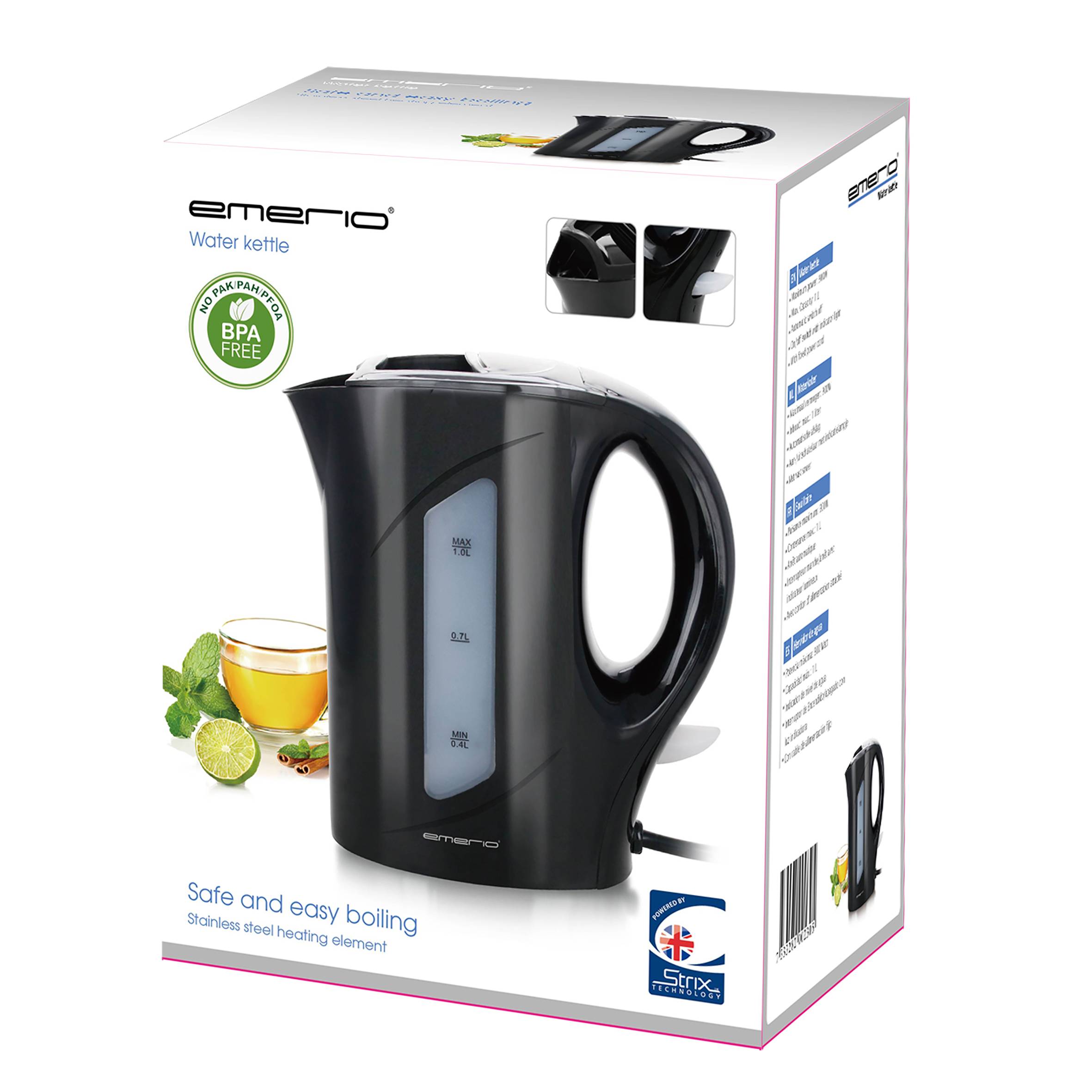 Wasserkocher in Schwarz mit BPA-freiem Hinweis, Edelstahlheizelement. Abbildung von grünem Tee und kleinem Wasserkocher-Symbol.