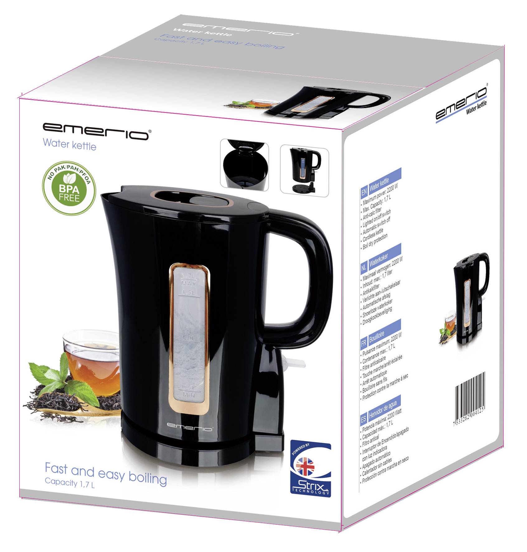 EMERIO WK-125130 Wasserkocher schnurlos Schwarz Fassungsvermögen: 1.7l