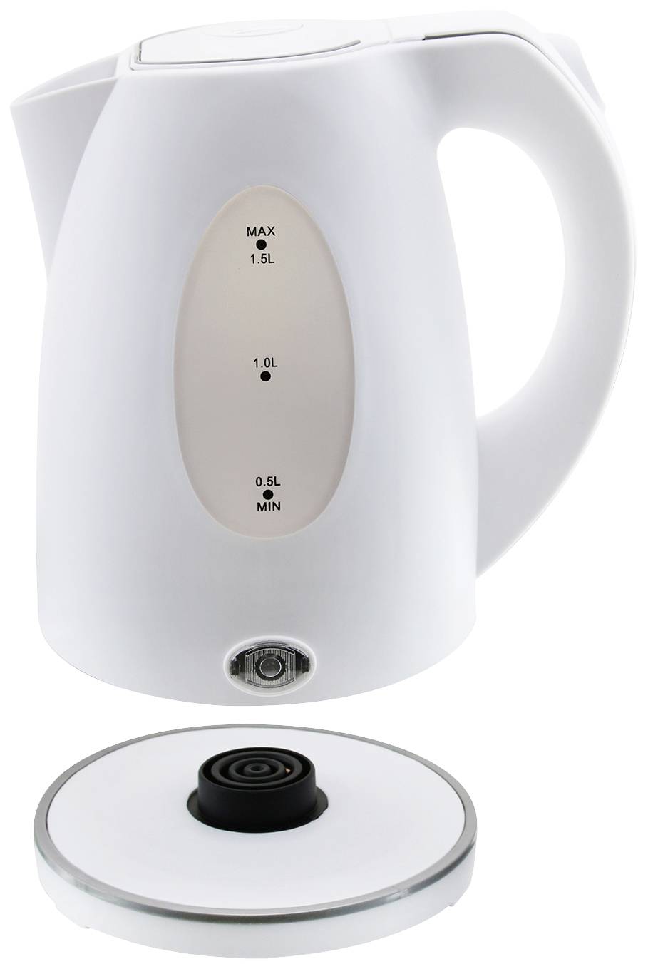 Ein weißer Wasserkocher mit Füllstandsanzeige von 0,5 bis 1,5 Litern, abgenommen von seiner Basis.
