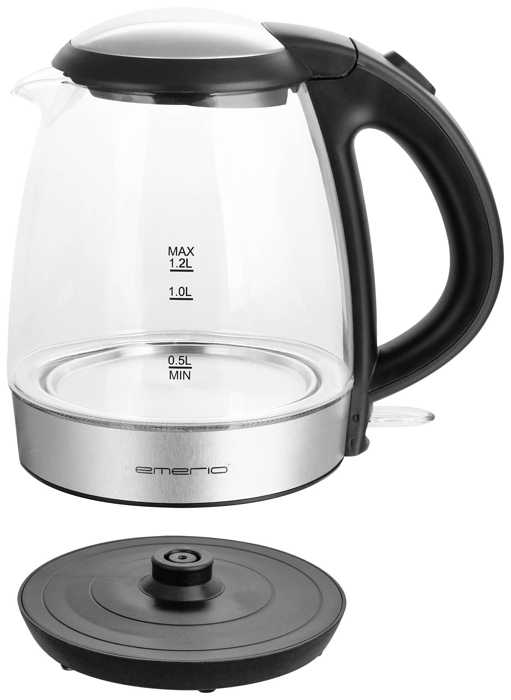Glas-Wasserkocher mit schwarzem Griff und abnehmbarem Deckel. Maximale Kapazität von 1,2 Litern, minimale Füllmenge 0,5 Liter.