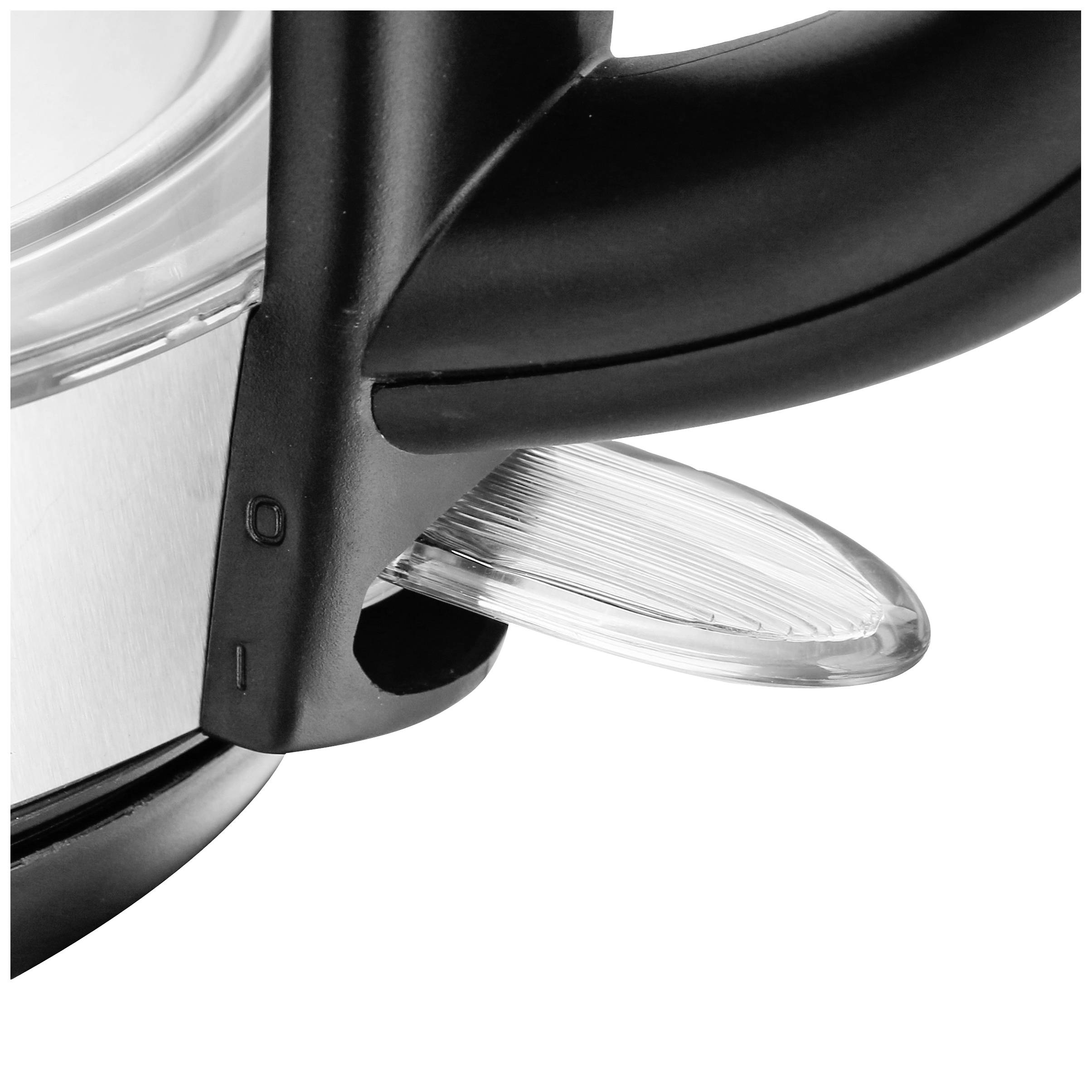 Nahaufnahme eines Wasserkochers mit schwarzem Griff und transparentem Kontrollfenster.