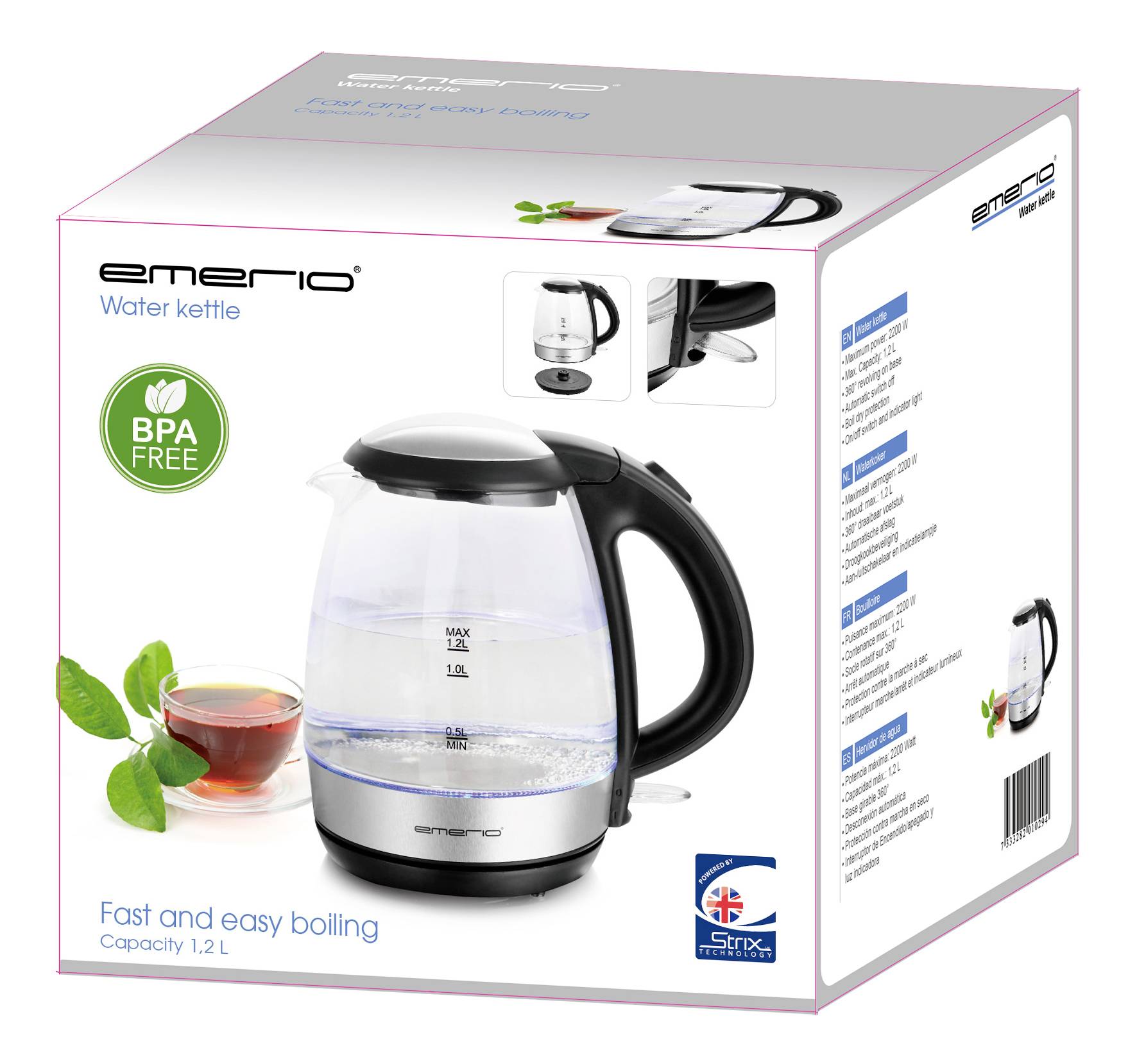 Wasserkocher, BPA-frei, Fassungsvermögen 1,2 Liter. Schnelles und einfaches Kochen. Bild der Kanne mit Tee und Blättern.