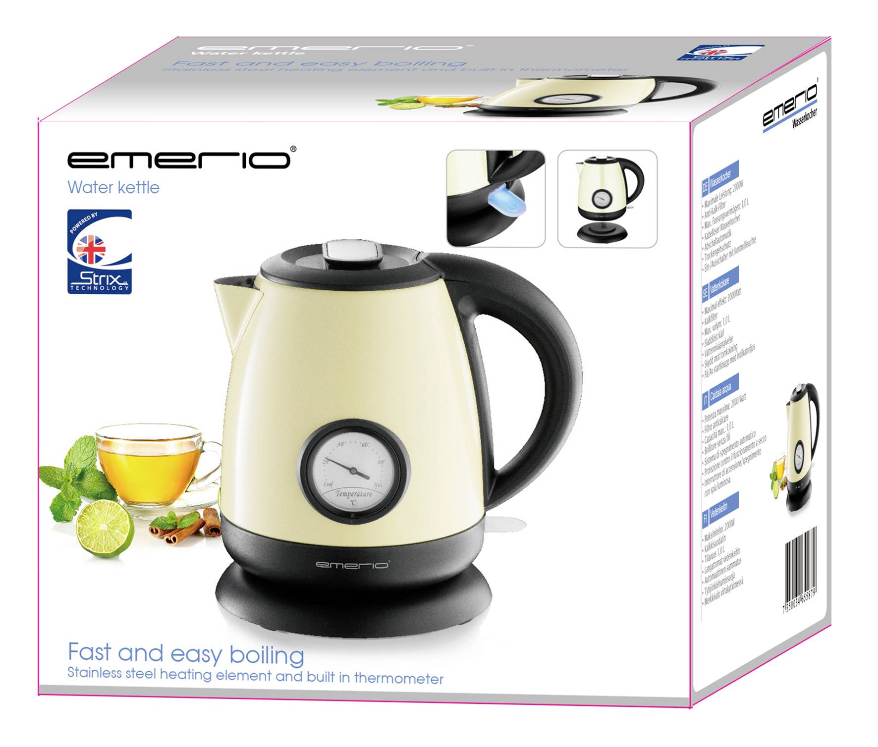 Wasserkocher-Verpackung mit Bild eines cremefarbenen Wasserkochers, Tasse Tee und Limettenscheiben. Text: 'Schnelles und einfaches Kochen'.