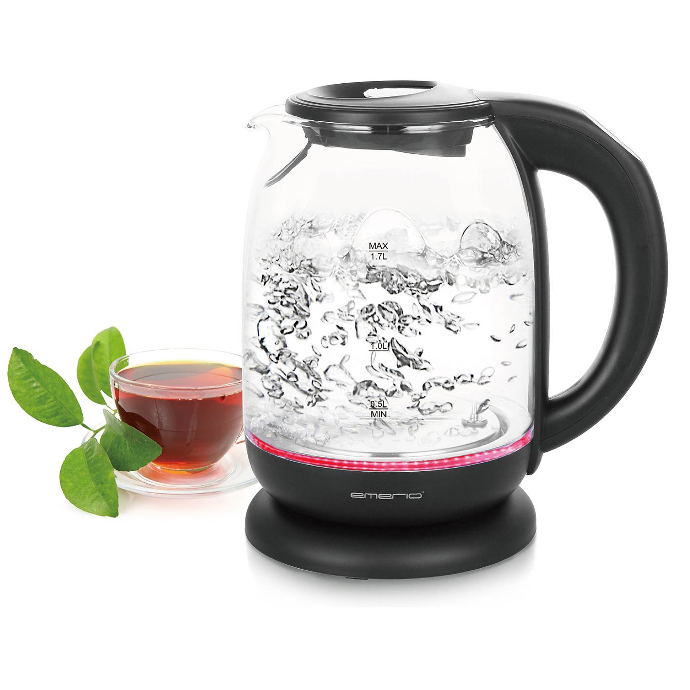 EMERIO WK-119255.5 Wasserkocher schnurlos Glas, Schwarz Fassungsvermögen: 1.7l
