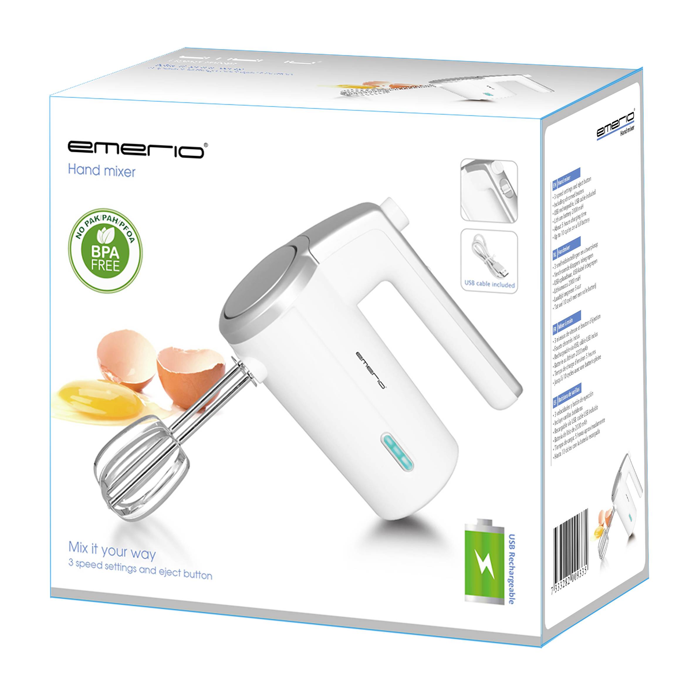 Handmixer weiß, 3 Geschwindigkeiten. Auf Verpackung: zwei Rühraufsätze, zerbrochenes Ei, BPA-frei Logo.