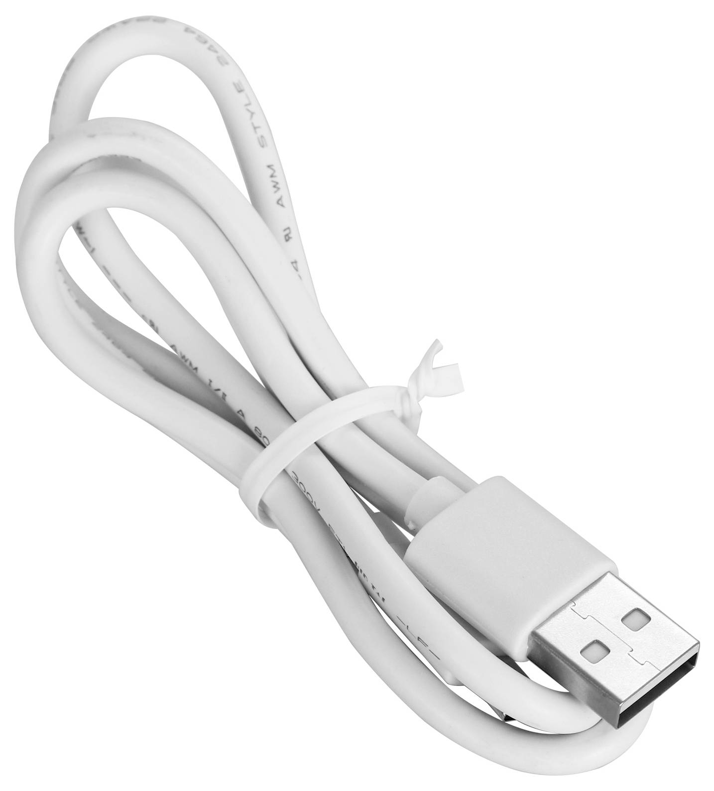 Weißes USB-Kabel, sauber aufgerollt, mit Standard-USB-A-Stecker.
