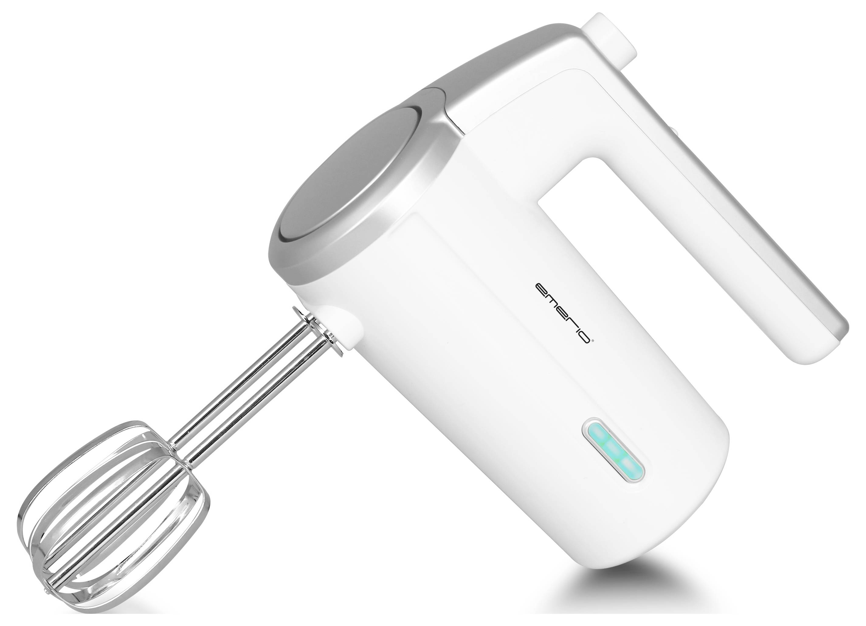 Weißer elektrischer Handmixer mit silbernen Akzenten, seitliche Ansicht.