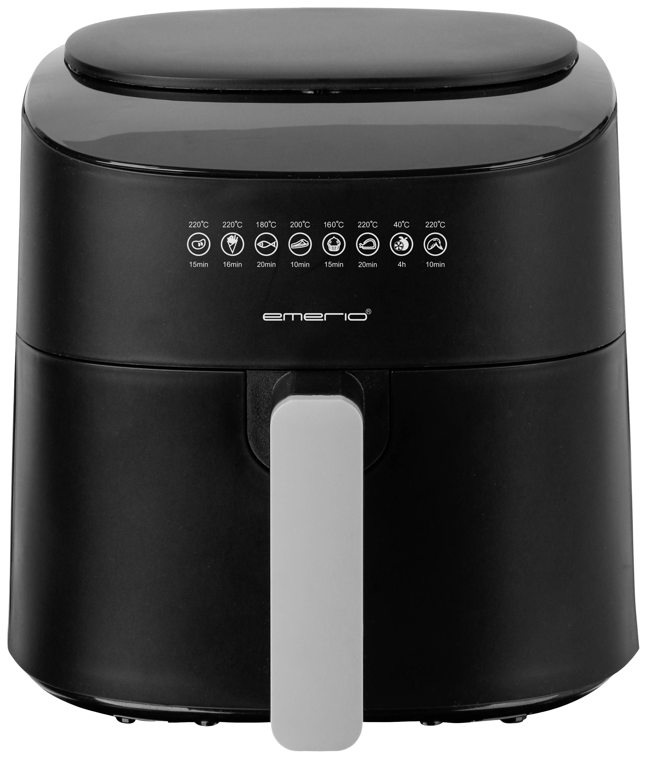 Schwarze Heißluftfritteuse mit digitaler Anzeige und Temperatur-Einstellung. Geeignet zum fettarmen Frittieren und Garen.