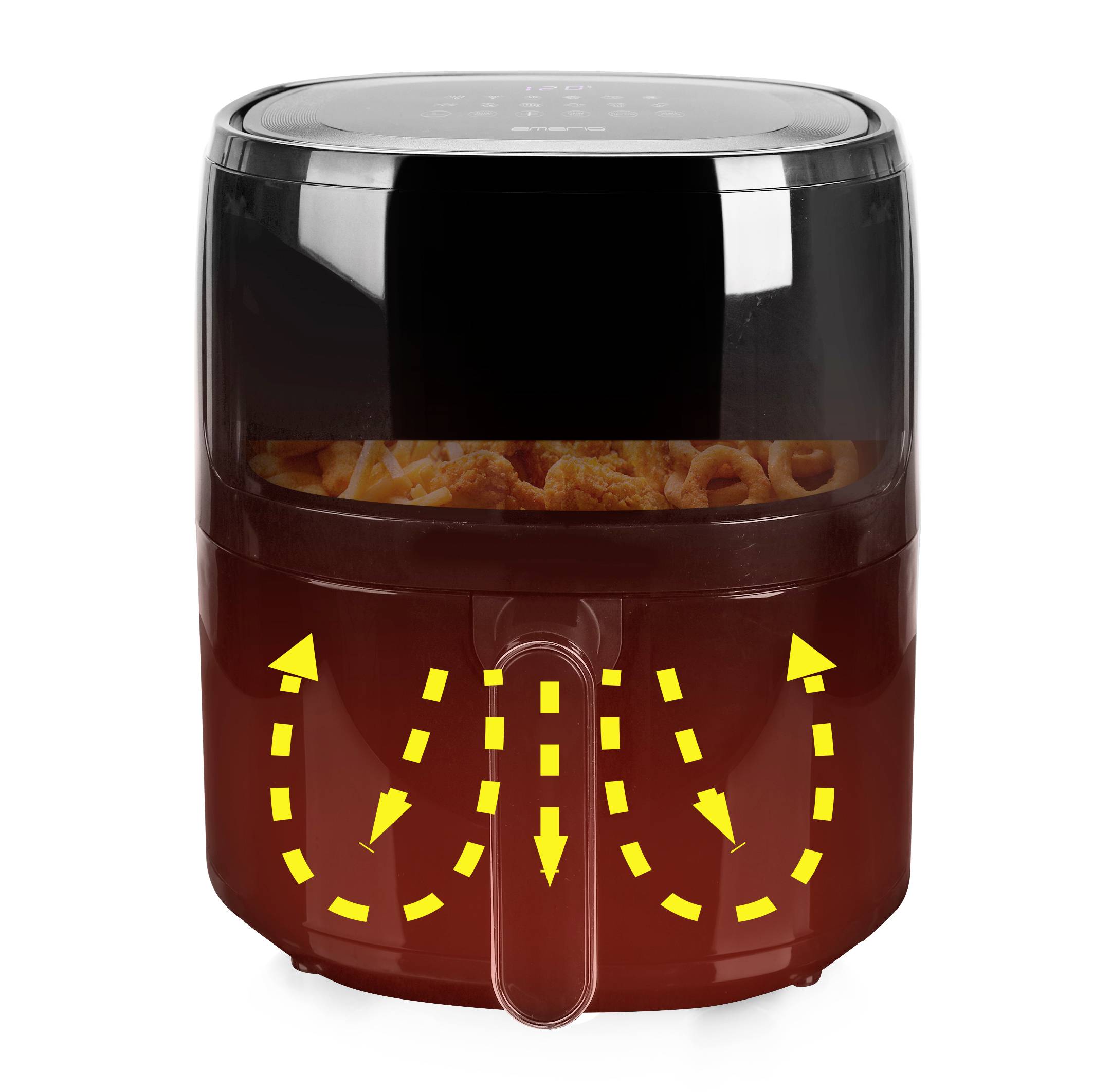 Heißluftfritteuse mit zirkulierenden Luftstromspfeilen, zeigt Luftzirkulation für knuspriges Frittieren ohne Öl.