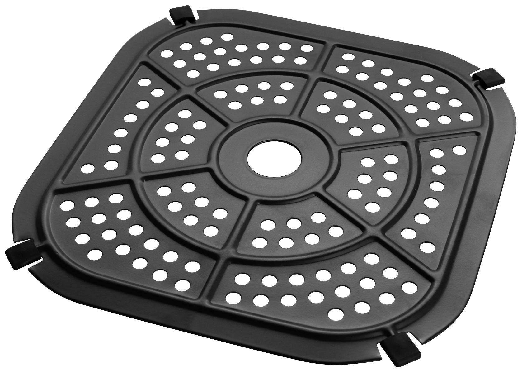 Ein schwarzes quadratisches Abtropfgitter mit abgerundeten Ecken und vielen runden Löchern zur Verbesserung des Wasserabflusses.