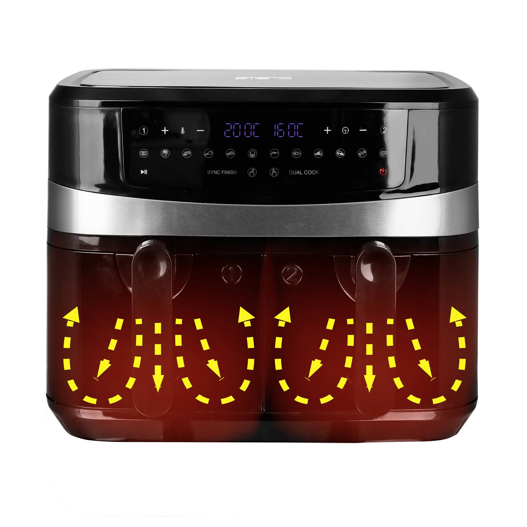 Eine Heißluftfritteuse mit zwei Fächern, Temperatureinstellungen und Luftzirkulationspfeilen, die die Heißluftzirkulation zeigen.