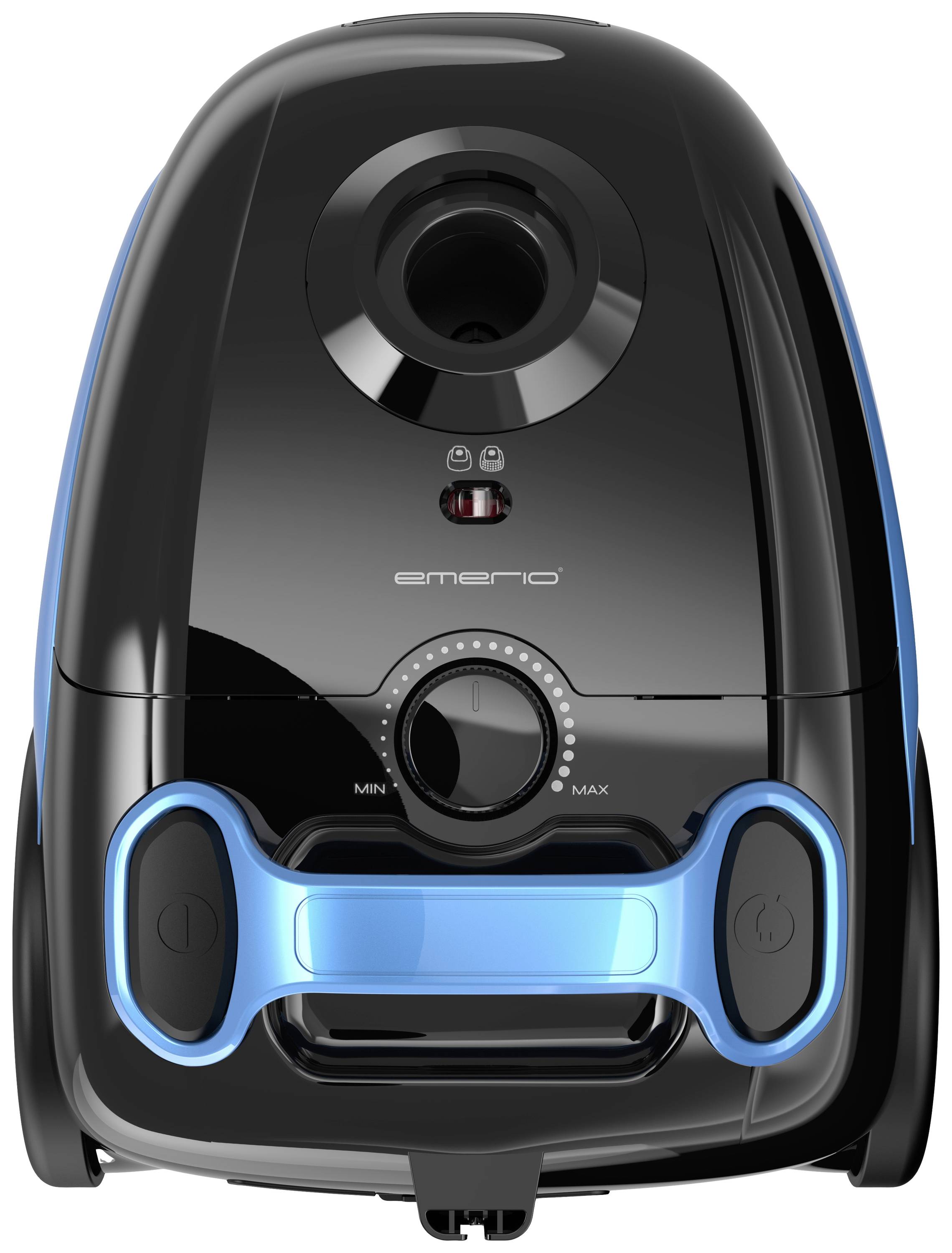 Schwarzer und blauer Staubsauger mit Drehregler für Saugkraft in der Mitte, geeignet für Teppich- oder Hartbödenreinigung.