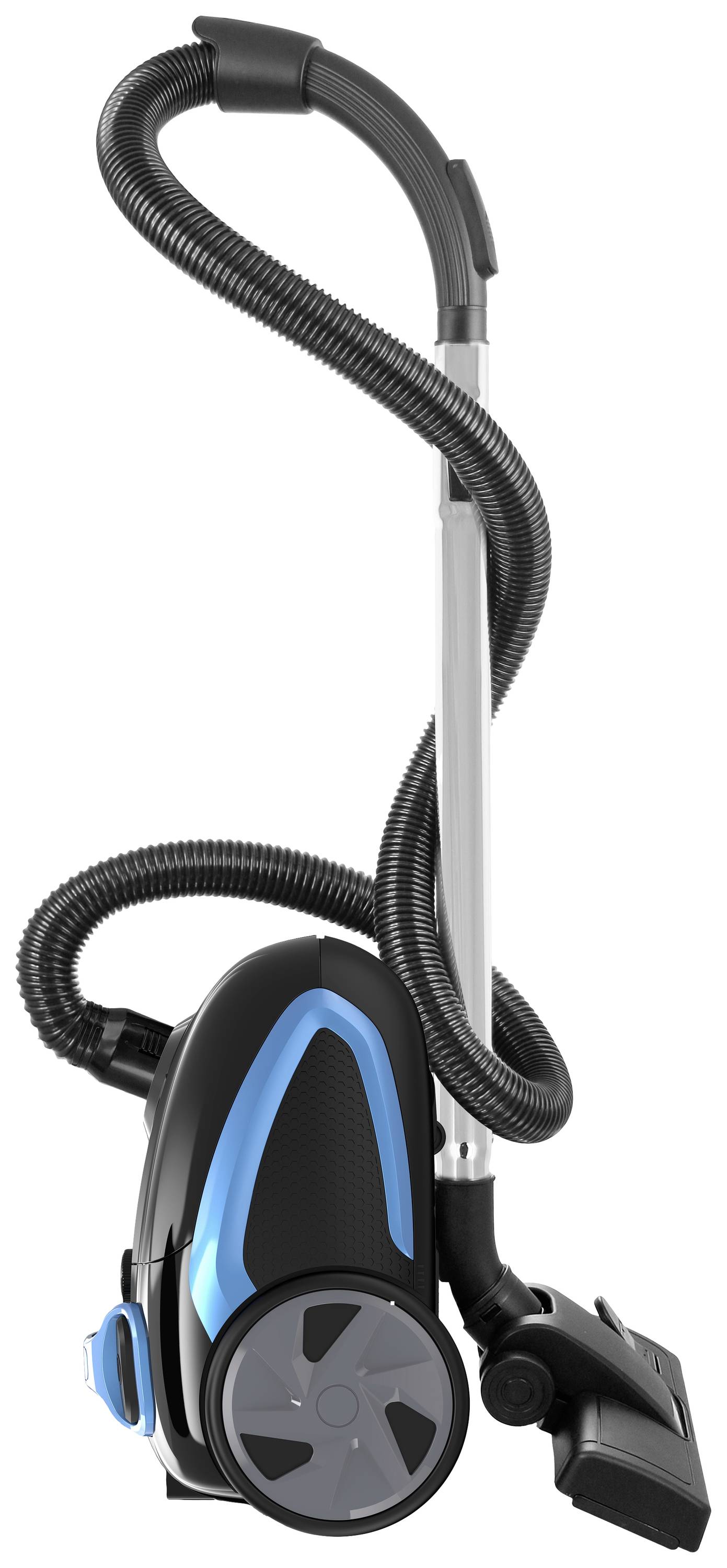 Staubsauger mit blau-schwarzem Gehäuse und langer Flexschlauch, stehend aufrecht mit Düse, modern designt.
