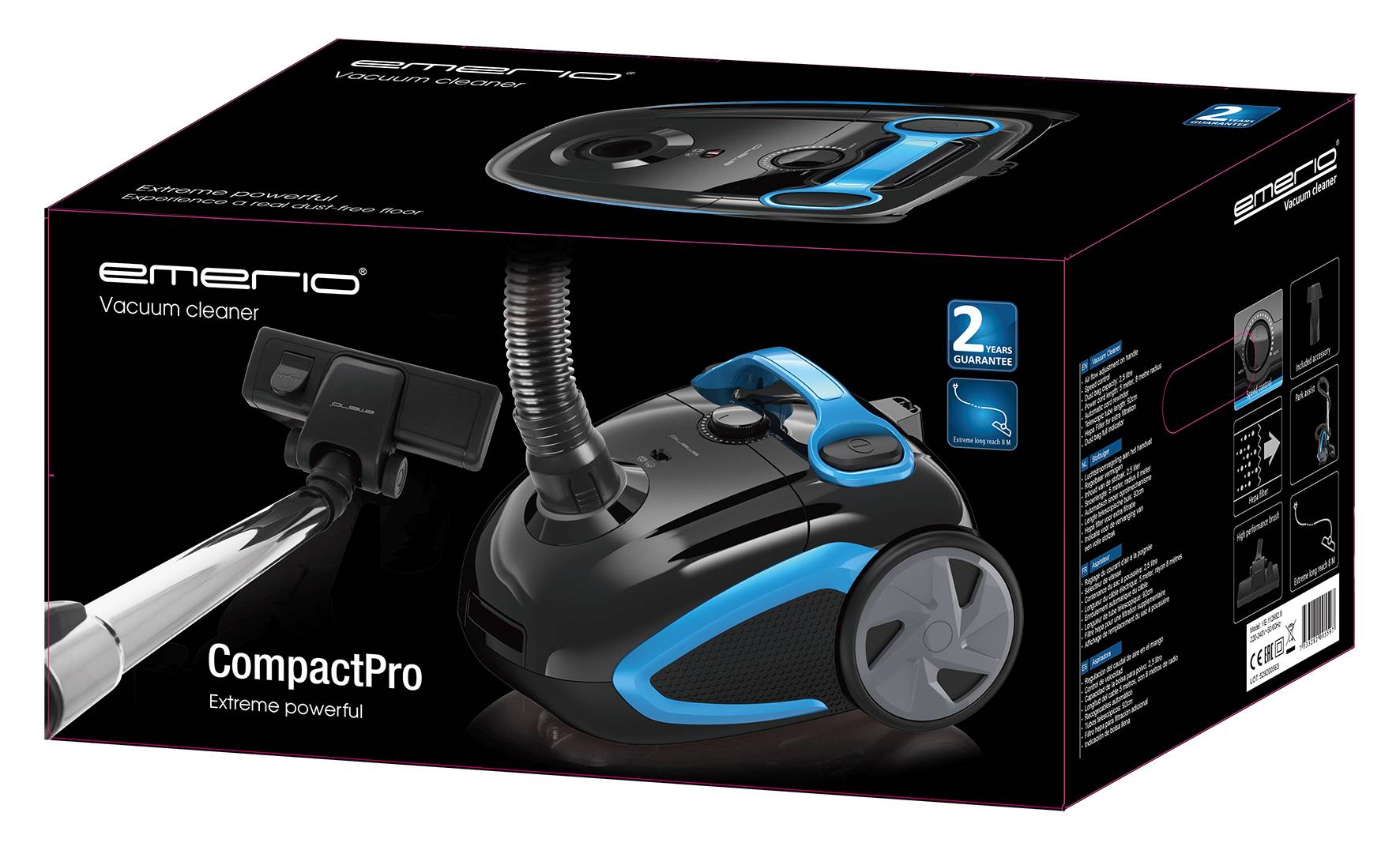 Verpackung eines Staubsaugers der Marke Emerio, Modell 'CompactPro'. Aufschrift: 'Extreme powerful', 2 Jahre Garantie abgebildet.