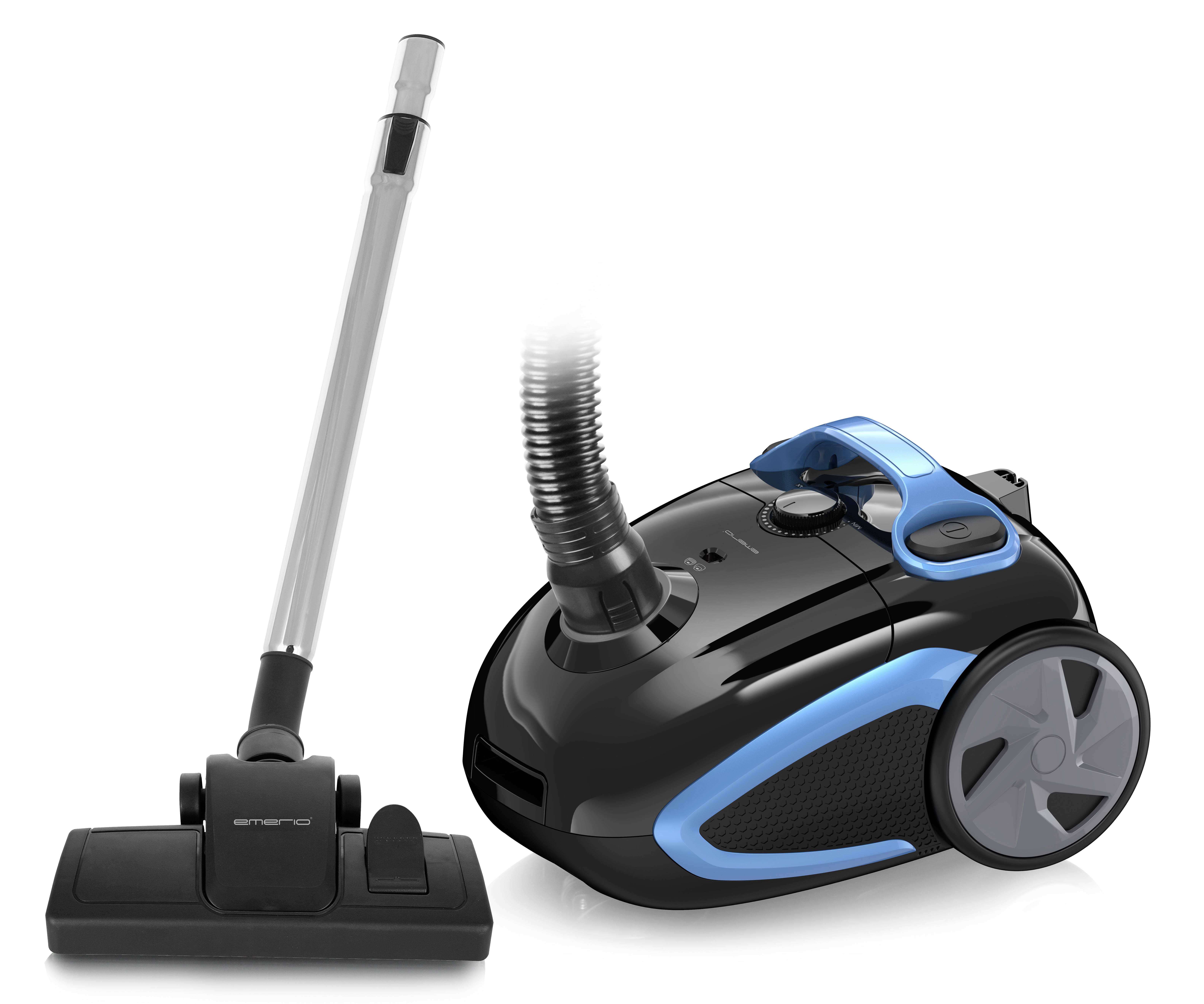 Ein schwarzer und blauer Staubsauger mit einem höhenverstellbaren Metallrohr und Bodendüse, bereit zum Einsatz.