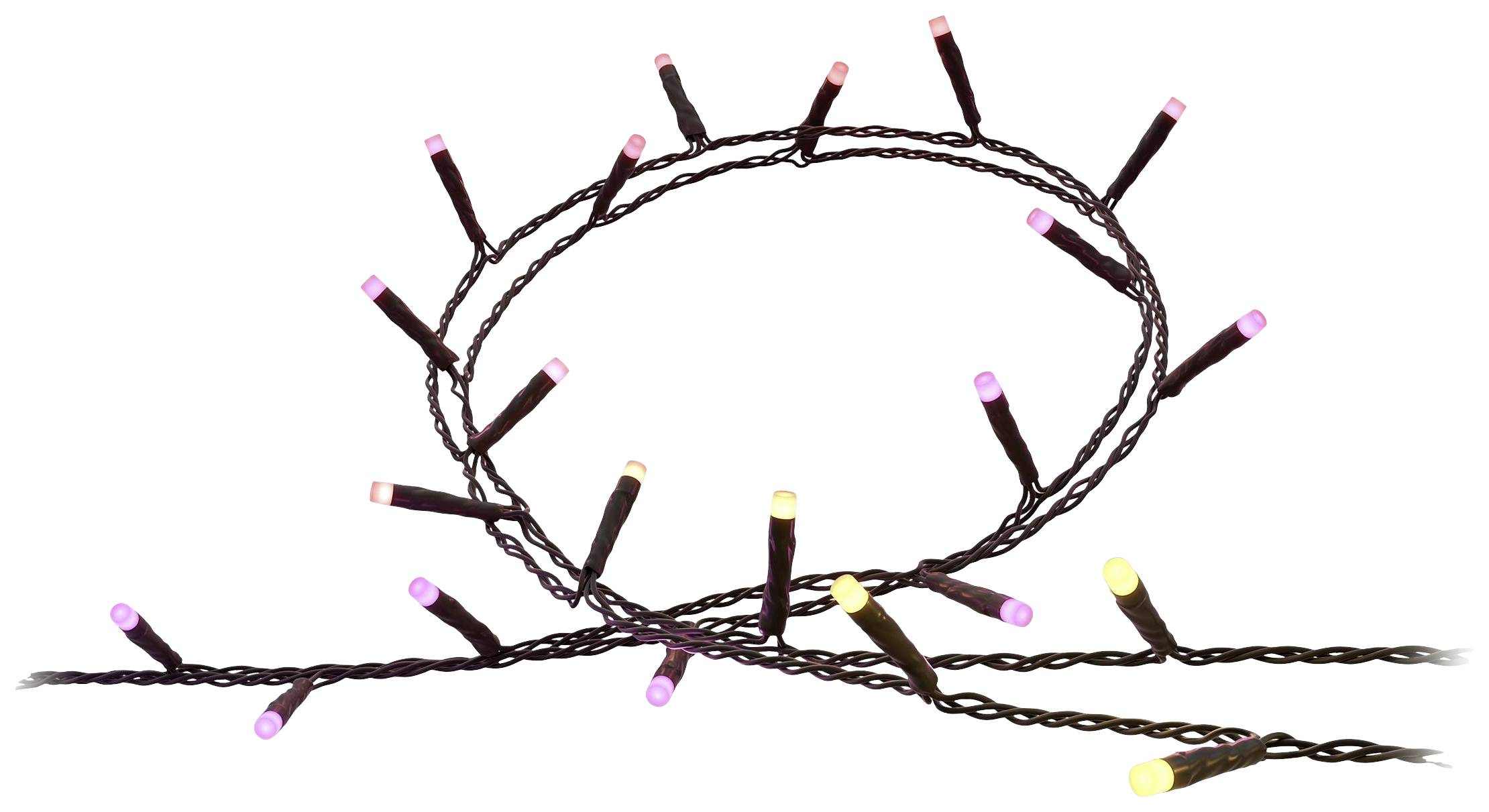 Ein Bündel bunte Lichterkette mit pinken und gelben Leuchten, locker gewickelt in einer dekorativen Anordnung.