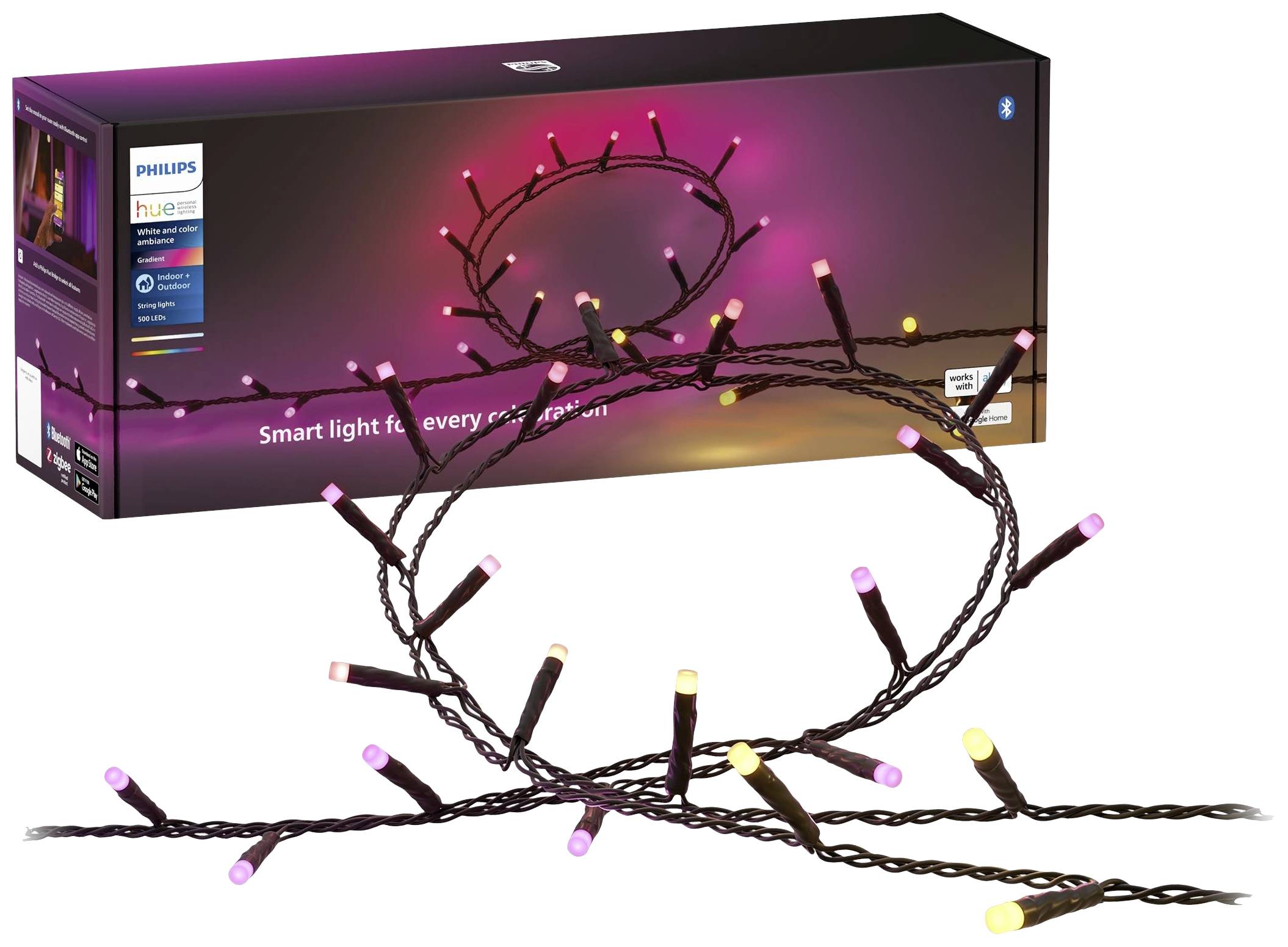 Ein Paket Philips Hue Smart-Lichterkette mit mehrfarbigen LED-Lichtern in unterschiedlichen Farbtönen für flexible Beleuchtung.