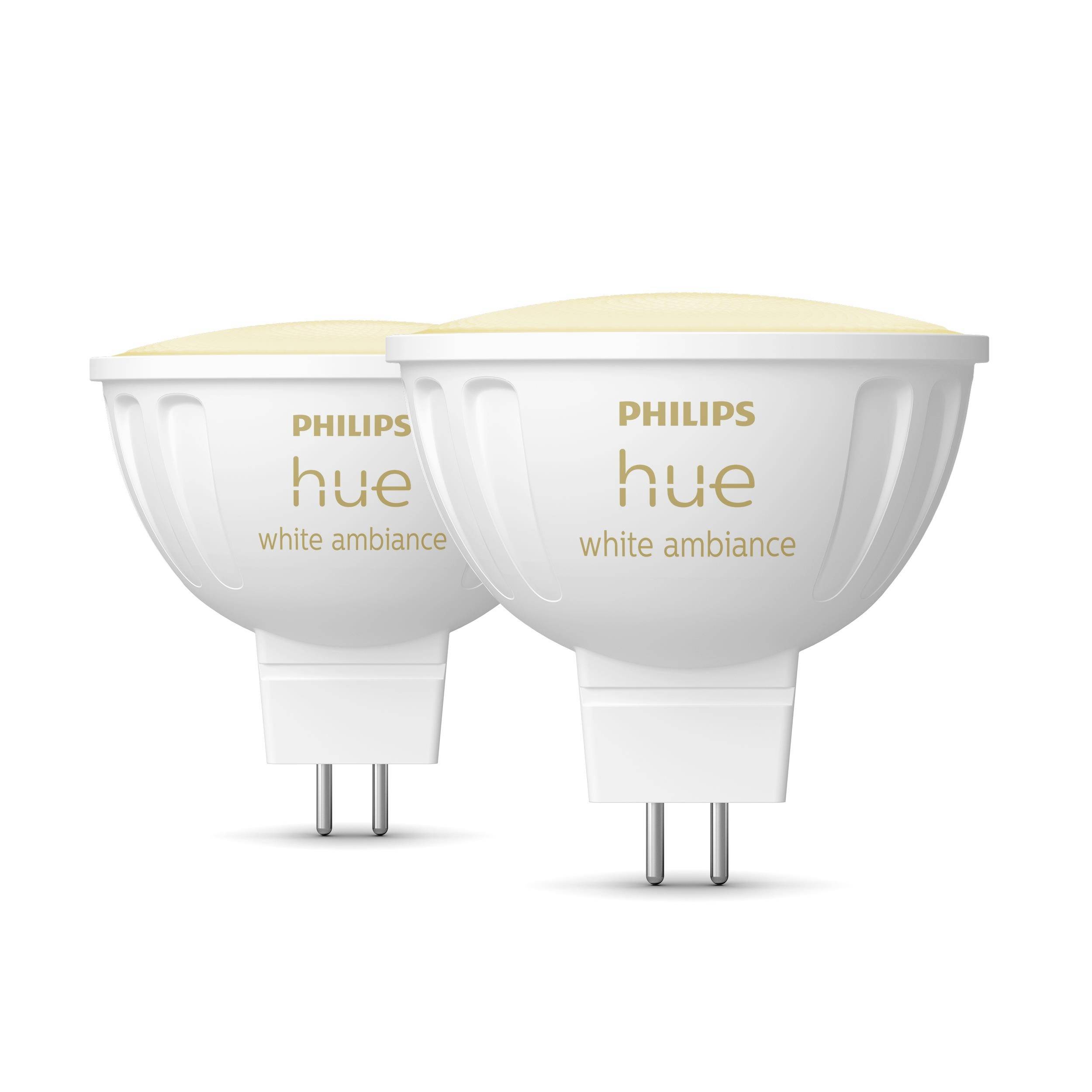 Zwei Philips Hue White Ambiance GU10 LED-Lampen mit warmweißem Licht, geeignet für smarte Beleuchtung und Energieeinsparung.