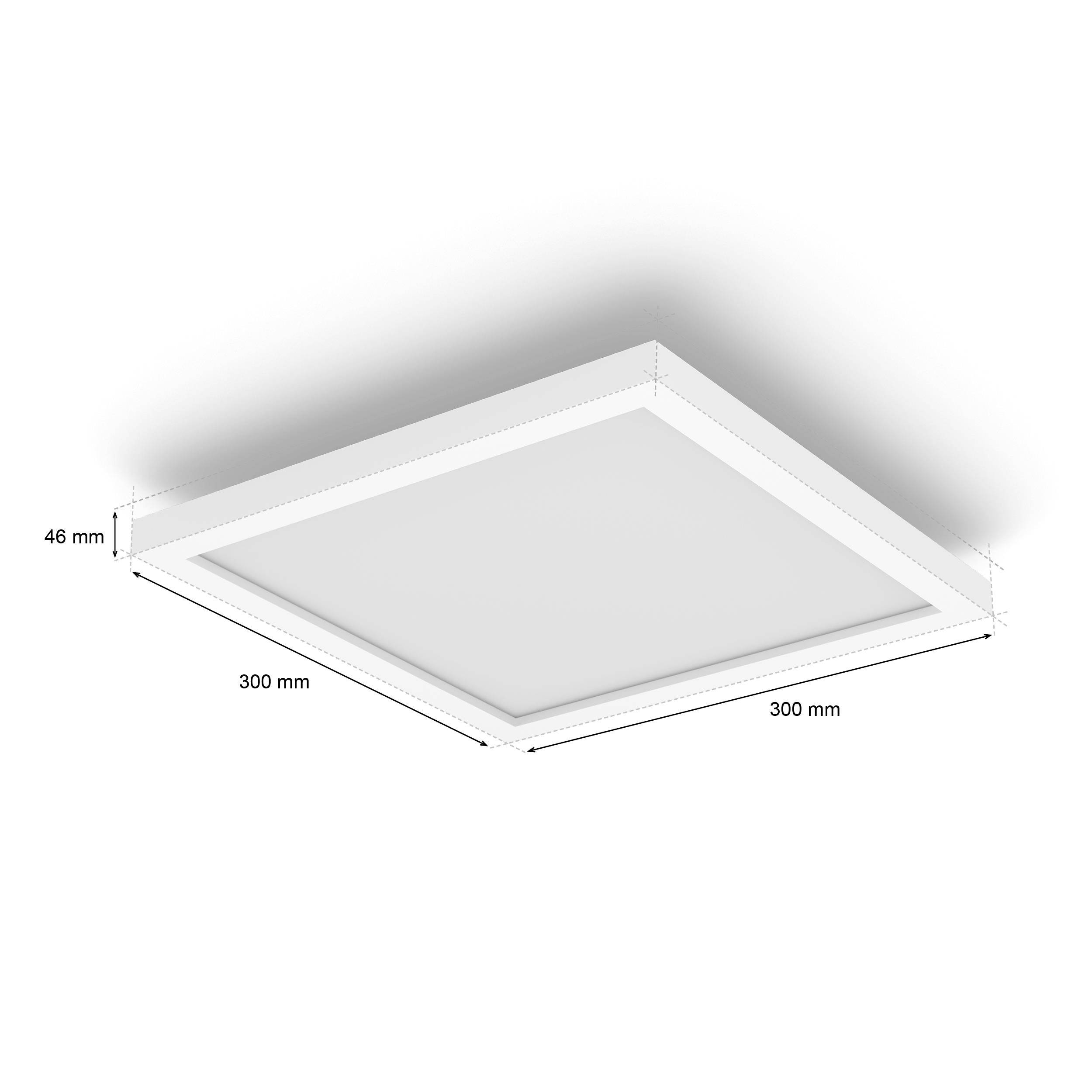 Quadratische Deckenleuchte, Maße: 300 x 300 mm, Höhe: 46 mm, modernes Design, weiße Oberfläche, geeignet für Innenräume.
