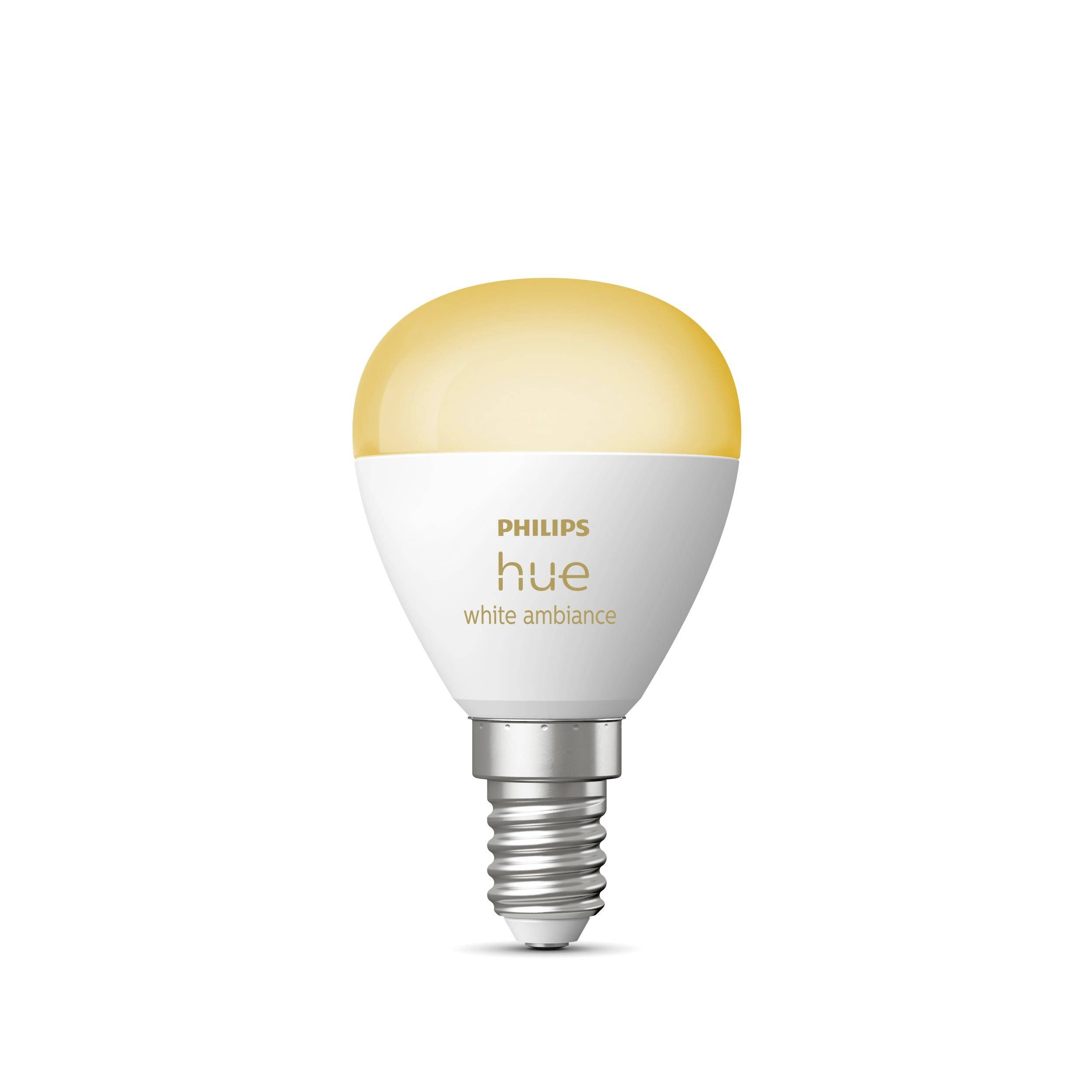 Eine Philips Hue White Ambiance Glühbirne mit gelbem Licht, geeignet zur flexiblen Beleuchtung in verschiedenen Weißtönen.