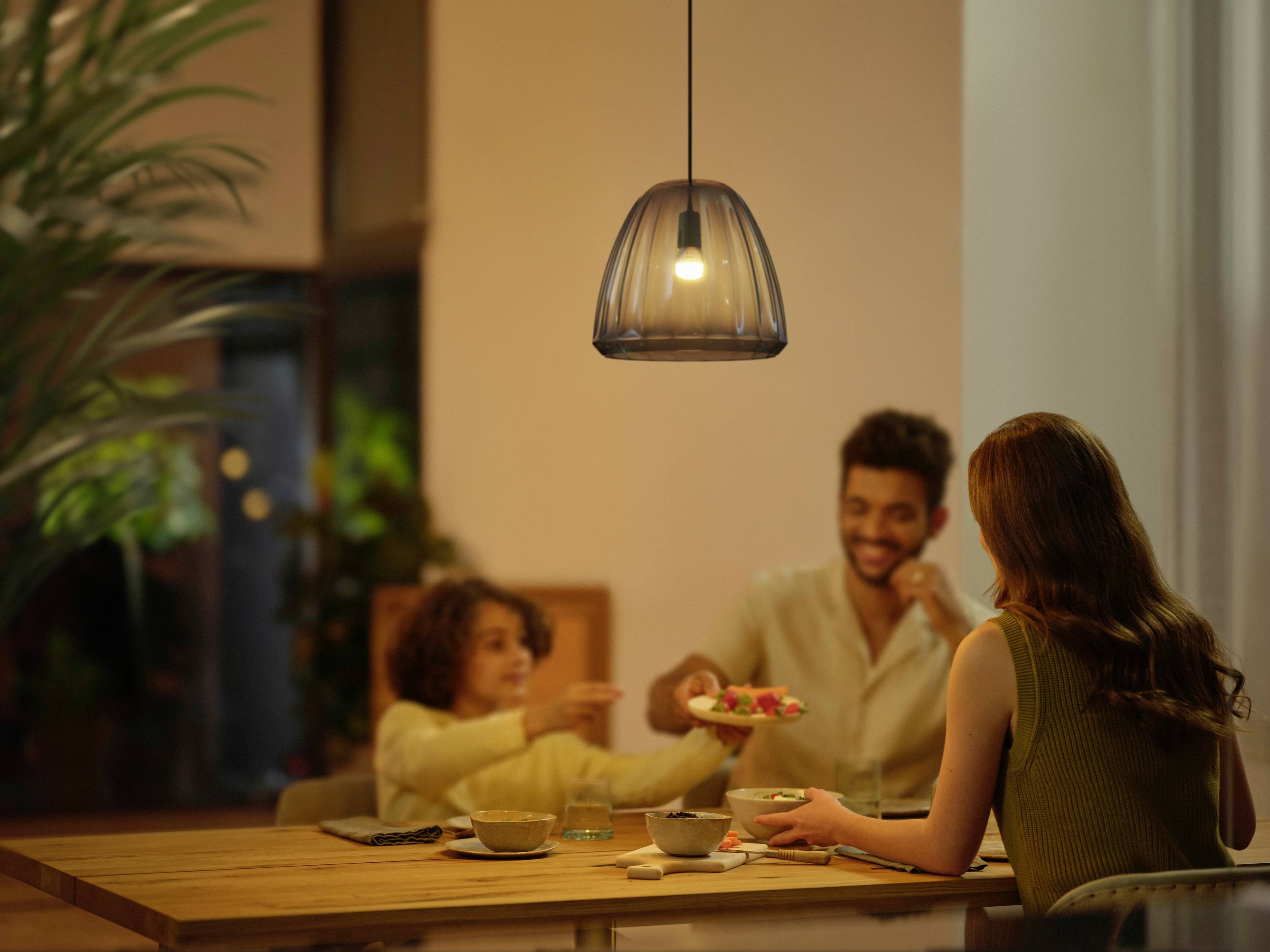 Eine Familie sitzt um einen Tisch, das Kind reicht einer erwachsenen Person eine Schüssel. Eine über ihnen hängende Lampe leuchtet.