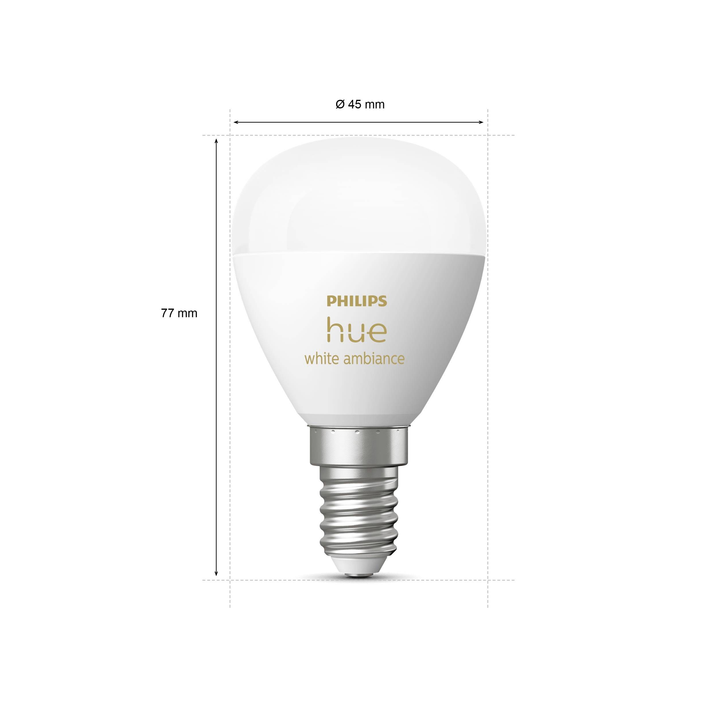 Glühbirne Philips Hue White Ambiance, E27-Sockel, Abmessungen: 77 mm Höhe, 45 mm Durchmesser. Ideal für smarte Beleuchtung.