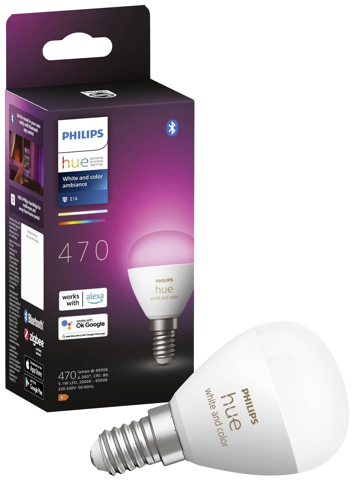 Eine bunte LED-Glühbirne von Philips Hue neben ihrer Verpackung. Die Glühbirne ist für Weiß- und Farbleuchten geeignet. Verpackung zeigt Kompatibilität mit Sprachassistenten.