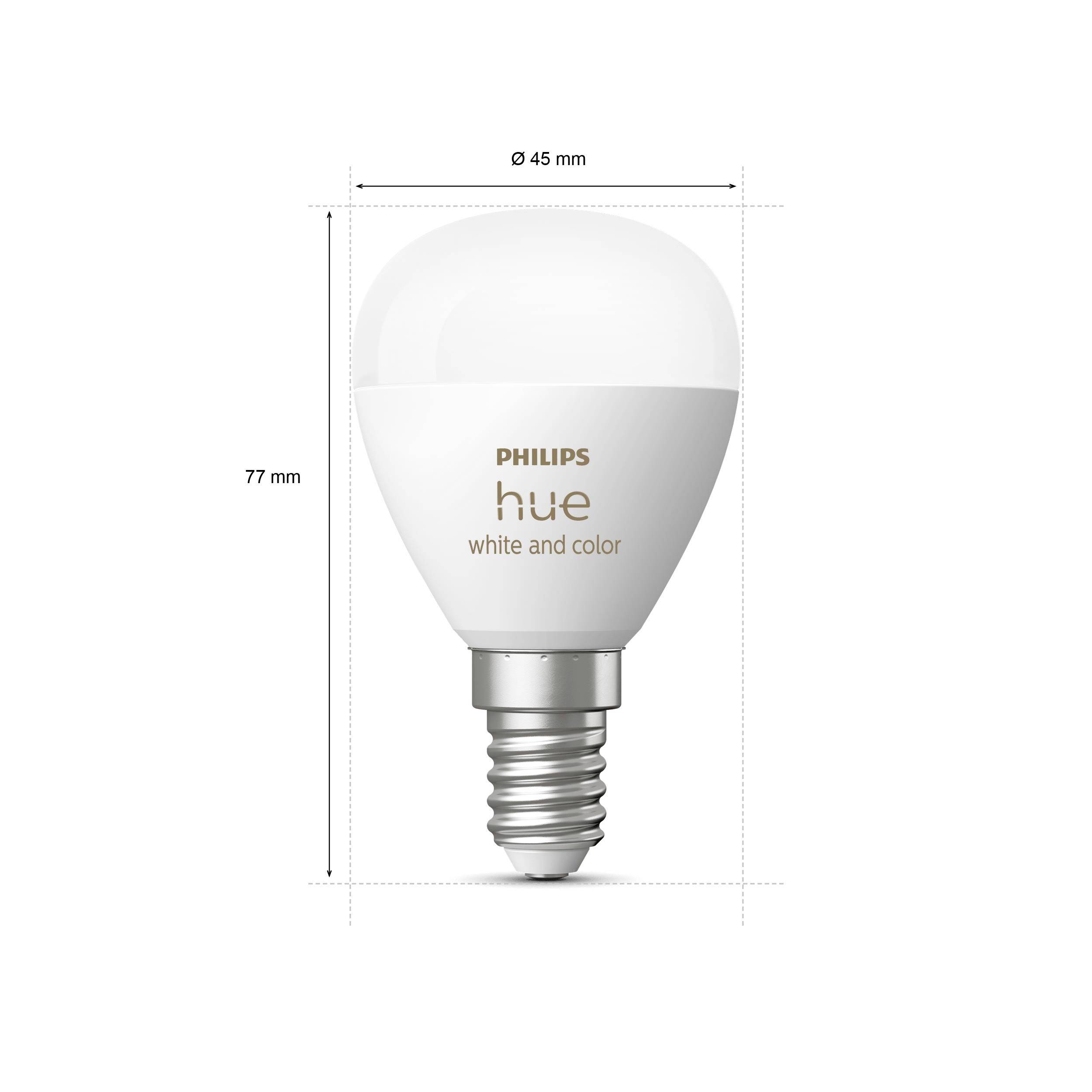 LED-Glühbirne Philips Hue, Modell White and Color, Höhe 77 mm, Durchmesser 45 mm, E14-Sockel, geeignet für smarte Beleuchtung.