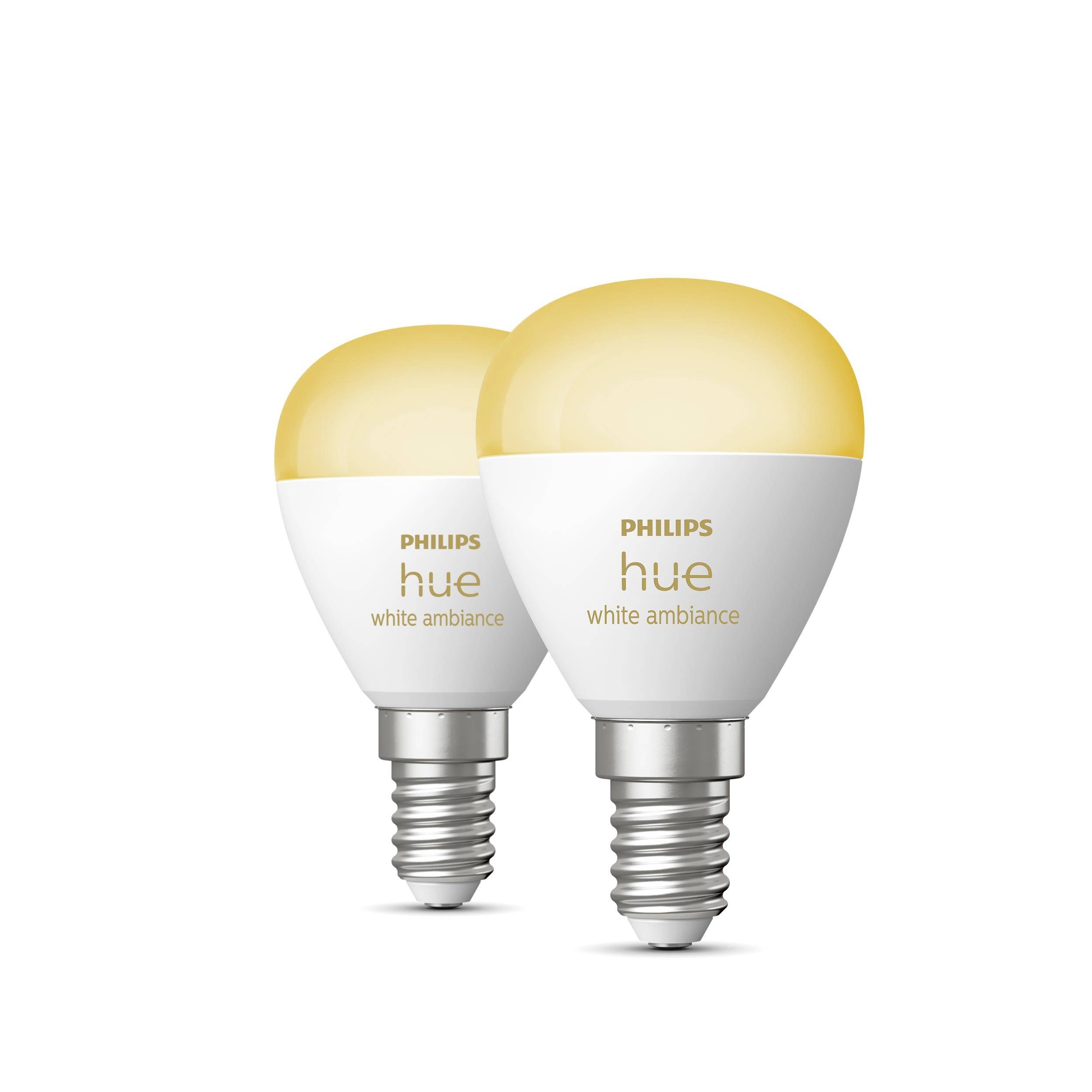 Zwei Philips Hue White Ambiance Glühbirnen in Weiß und Orange gezeigt. Geeignet für stimmungsvolle Beleuchtungseinstellungen.