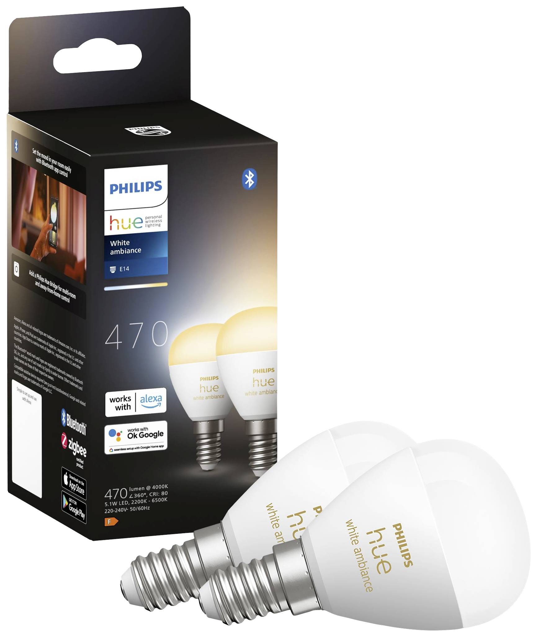 Verpackung mit zwei Philips hue White ambiance Glühbirnen und Box. Kompatibel mit Alexa und Google Assistant.