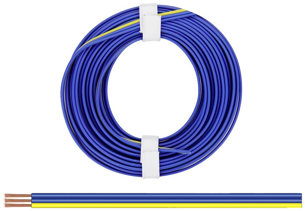 Eine Rolle mit blau isoliertem, dreipoligem Elektrokabel. Die Kabelenden zeigen die Kupferdrähte.