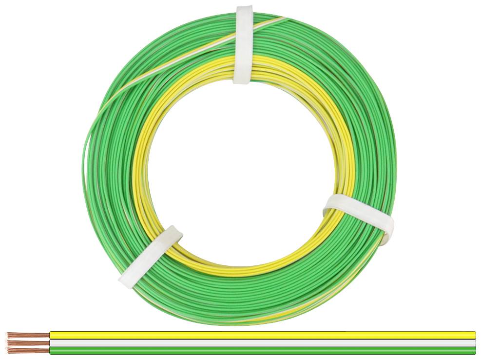 Elektrokabel, grün-gelb isoliert, aufgerollt. Darunter drei freiliegende Kupferadern im Querschnitt. Verwendung in Elektroinstallationen.