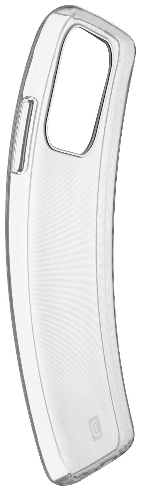 Durchsichtige, gebogene Kunststoff-Smartphone-Hülle mit Aussparungen für Kamera und Tasten, schlichtes Design.