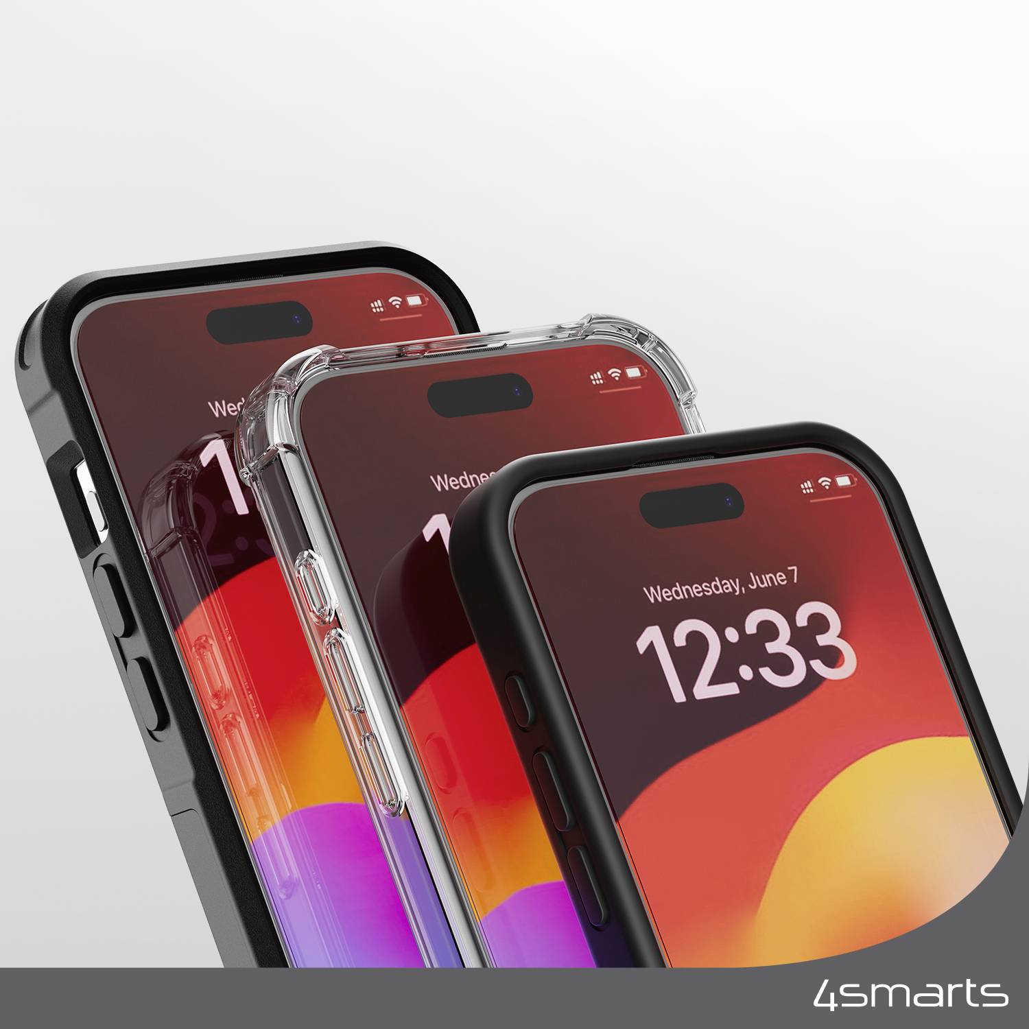 Drei Smartphones mit buntem Hintergrund stehen in transparenten Hüllen. Unten rechts ist das Logo '4smarts' sichtbar.