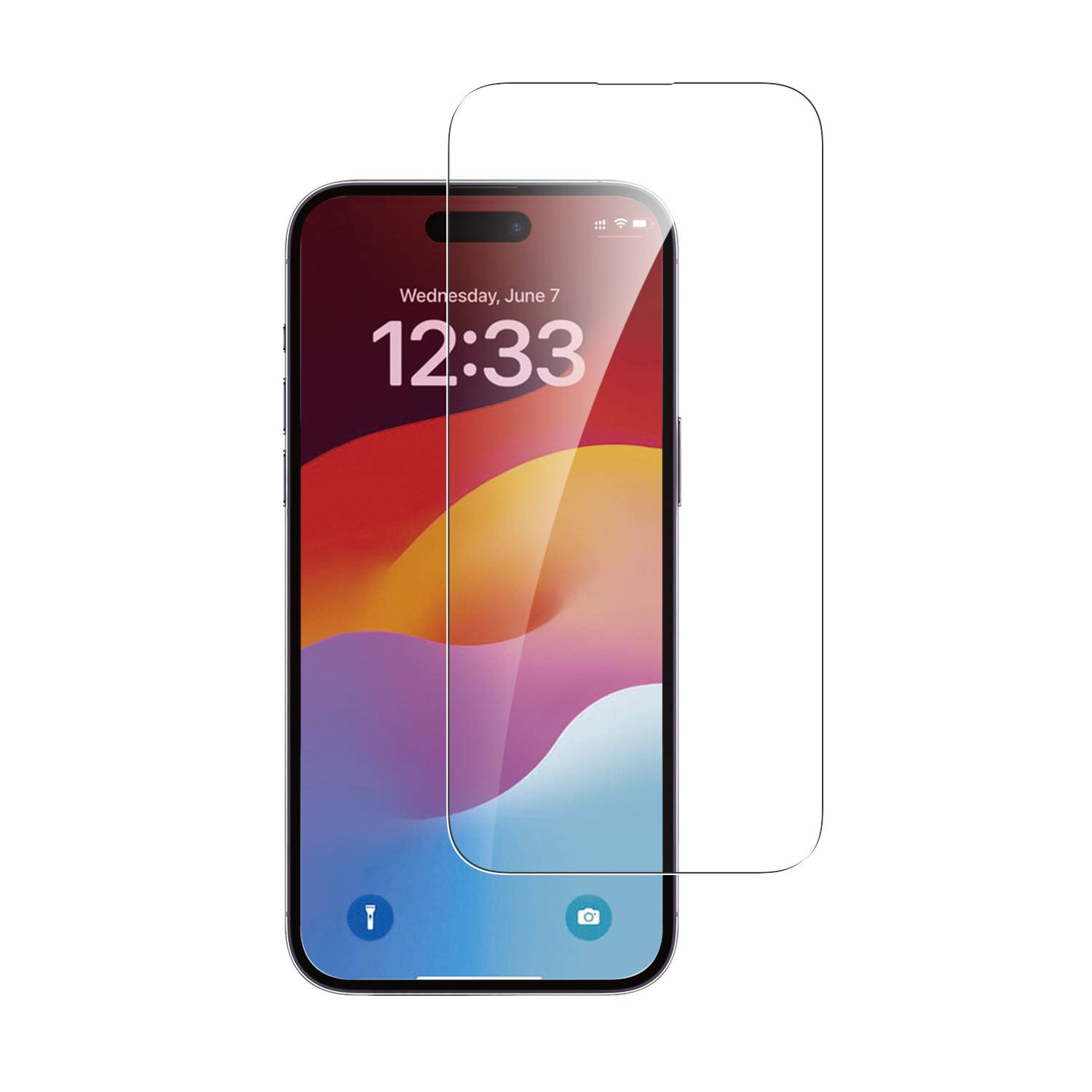 Smartphone von vorne mit buntem Hintergrund auf dem Display und einer durchsichtigen Schutzfolie darüber.