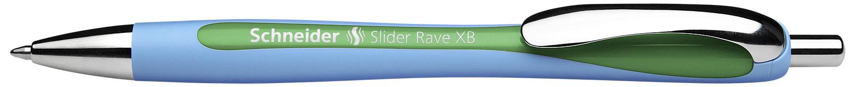 Ein blauer und grüner Kugelschreiber der Marke Schneider, Modell Slider Rave XB, mit silbernem Clip und Spitze.