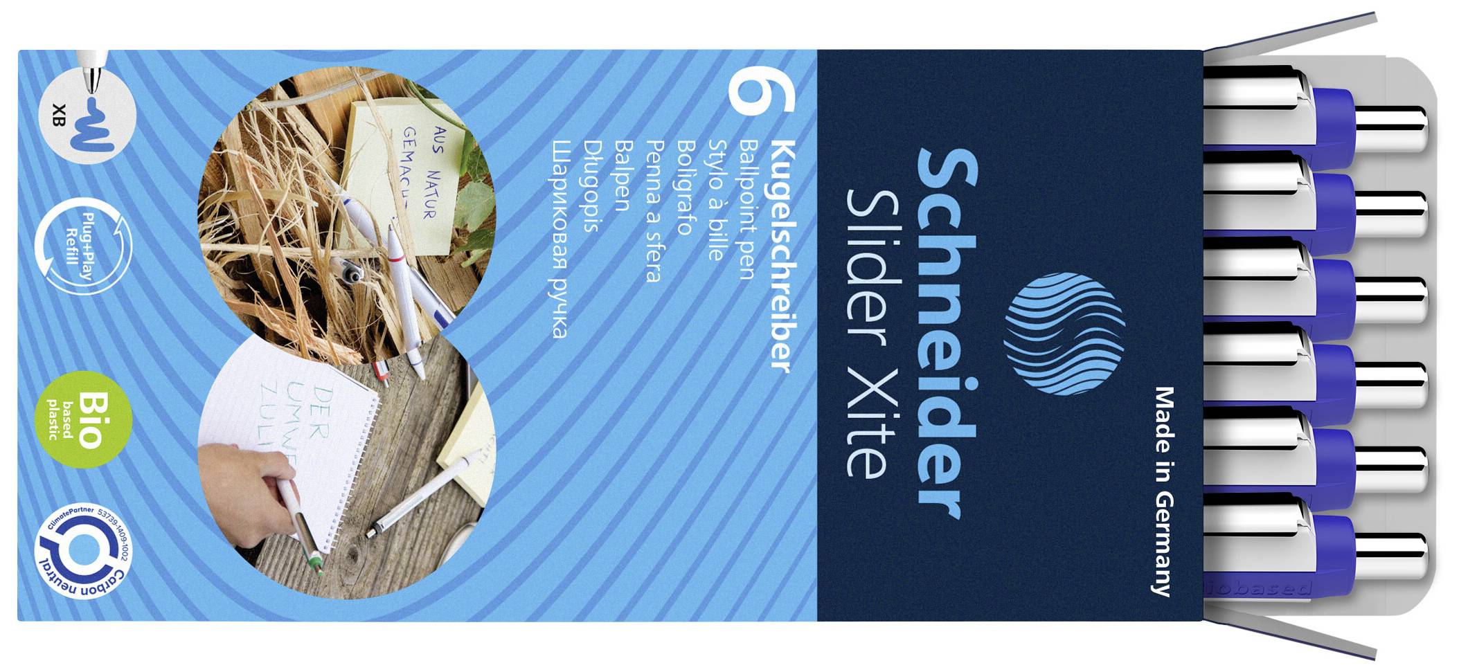 Sechserpack blaue Kugelschreiber 'Schneider Slider Xite'. Verpackung mit Bio-Siegel, hergestellt in Deutschland.