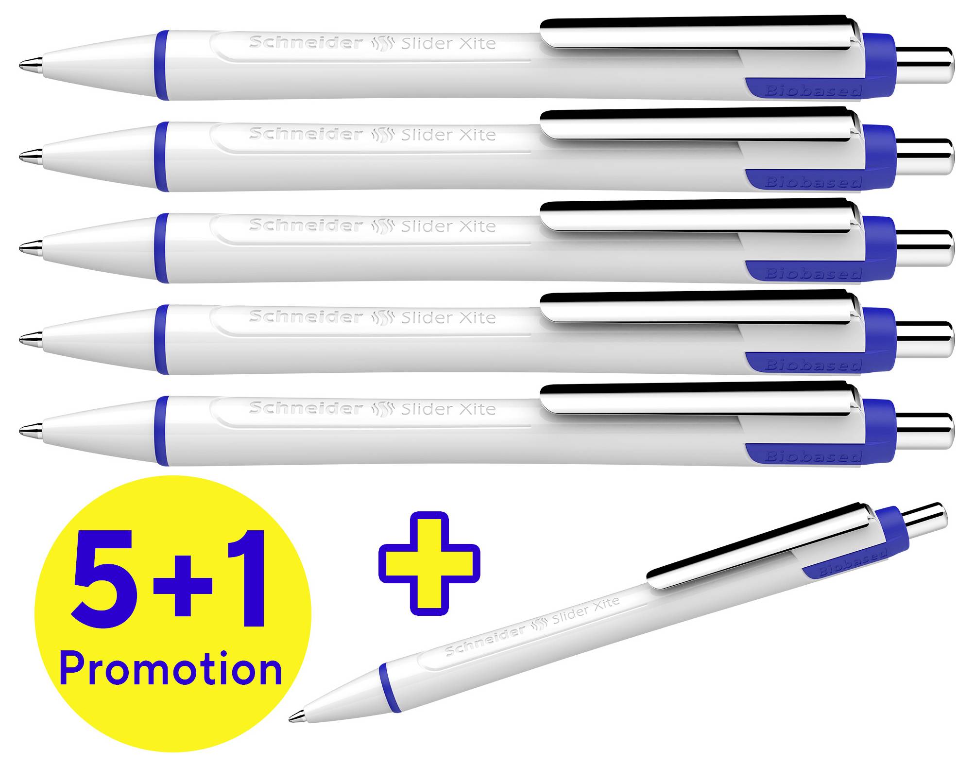 Sechs Kugelschreiber mit blauem Griff und Clip. Gelbes Symbol mit '5+1 Promotion' und einem zusätzlichen Kugelschreiber darunter.