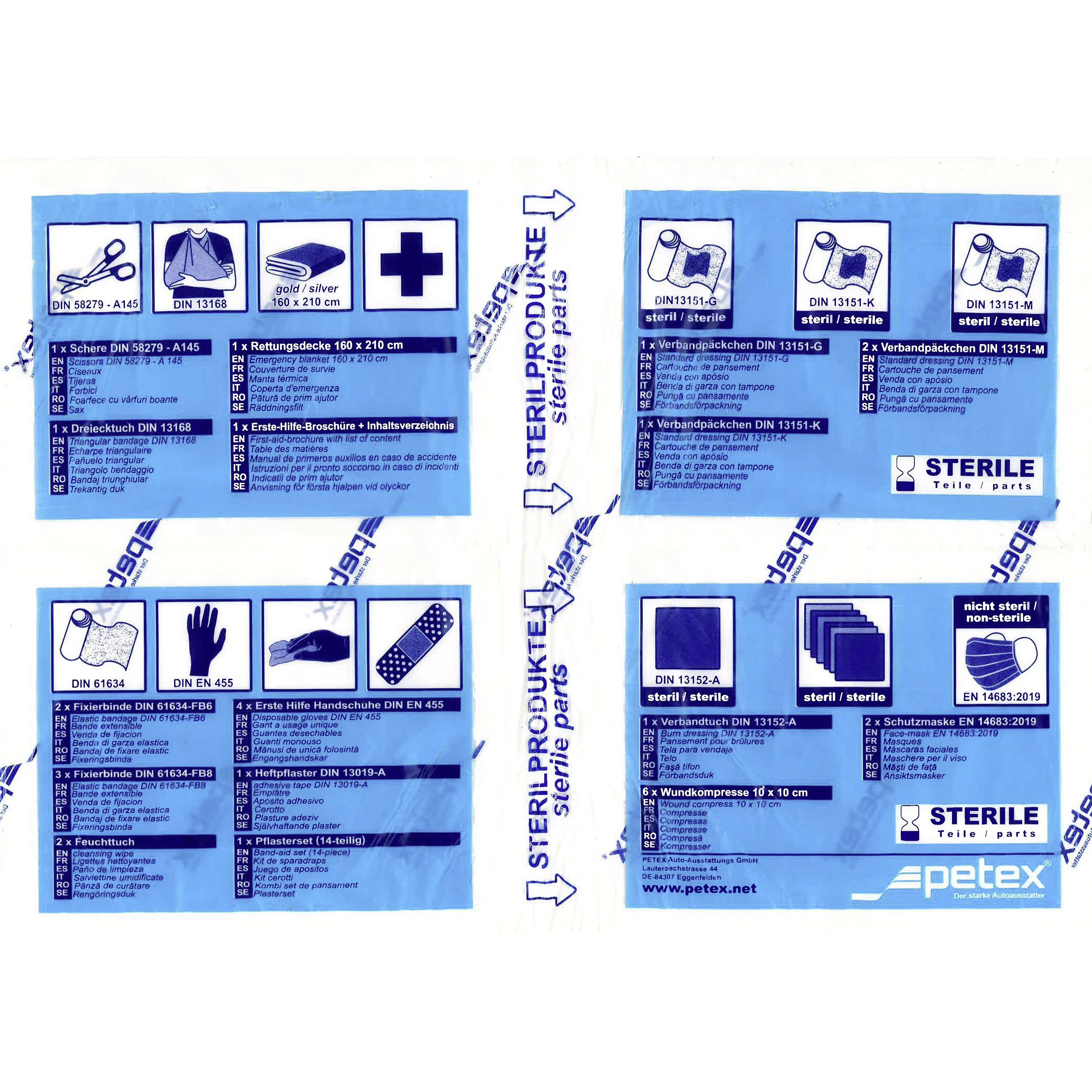 Vier blaue Verpackungen mit Symbolen für sterile medizinische Produkte, einschließlich Kompressen, Pflastern und Verbänden.