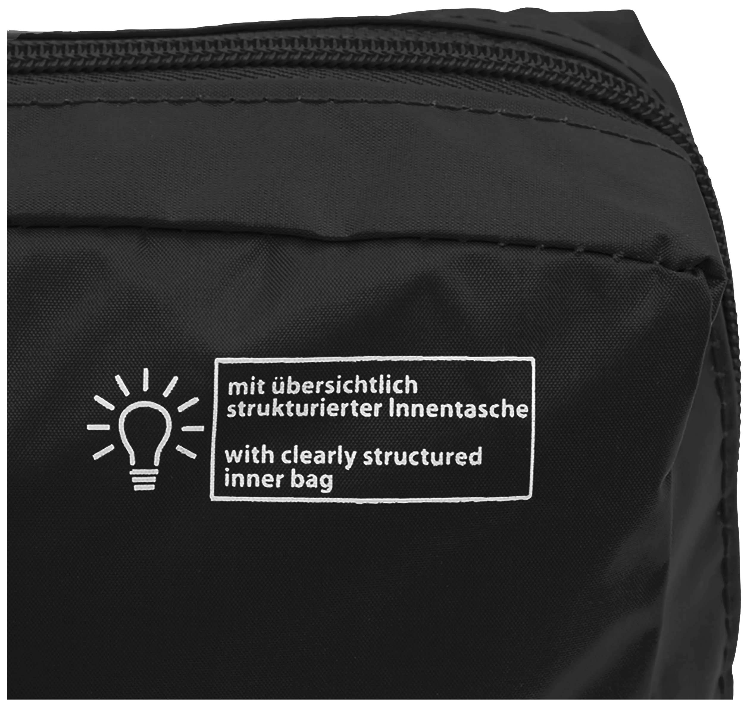 Schwarze Tasche mit Text in Deutsch und Englisch: 'mit übersichtlich strukturierter Innentasche / with clearly structured inner bag'.
