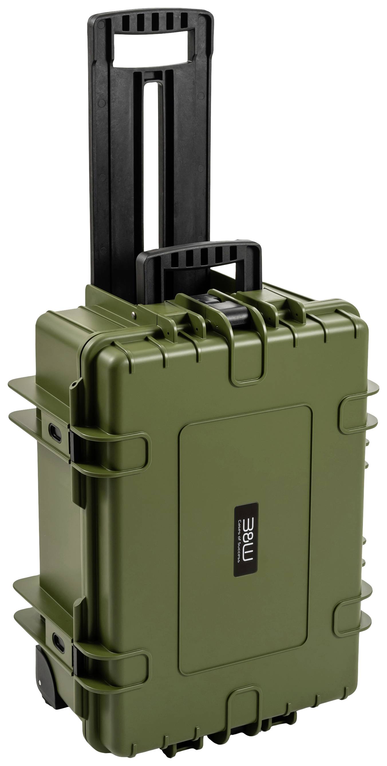 Ein olivgrüner, rollbarer Hartschalenkoffer mit Griff, geeignet für den sicheren Transport empfindlicher Ausrüstung.