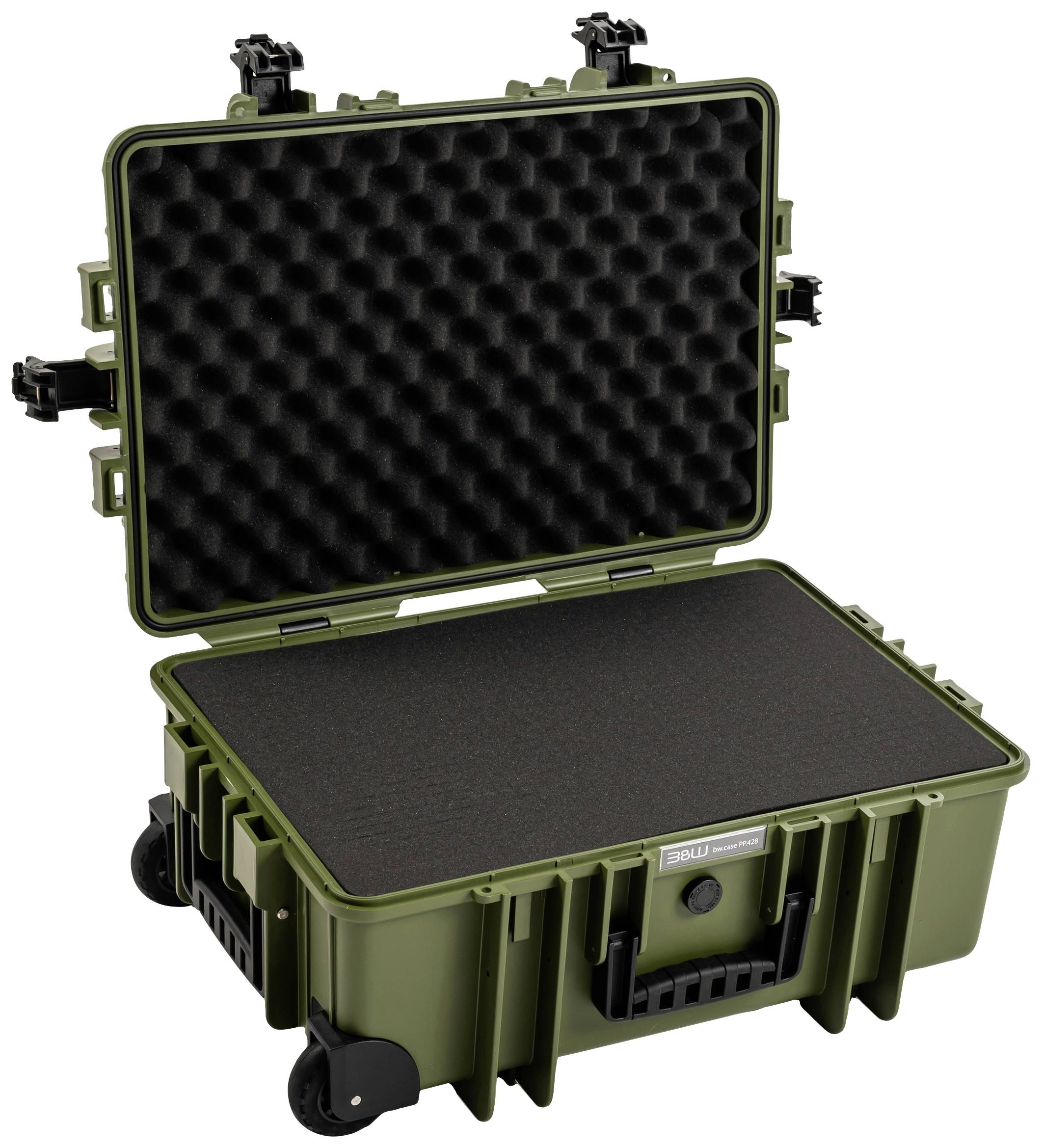 Offener, grüner Schutzkoffer mit Schaumstoffpolsterung. Geeignet für sicheren Transport empfindlicher Geräte.