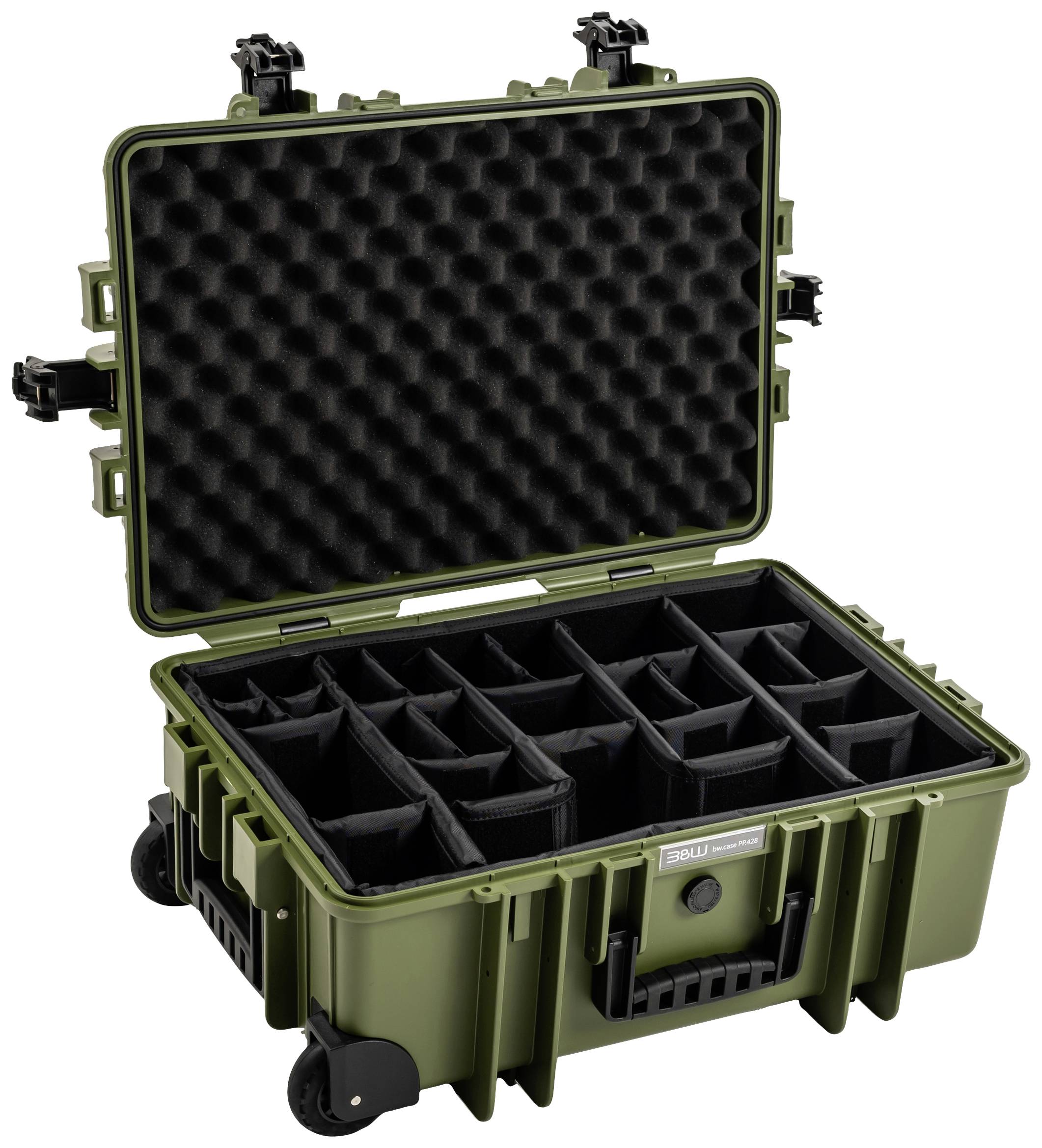 Grüner Schutzkoffer mit offenem Deckel, Innenfächer anpassbar. Koffer besitzt zwei Rollen und mehrere Verschlüsse.