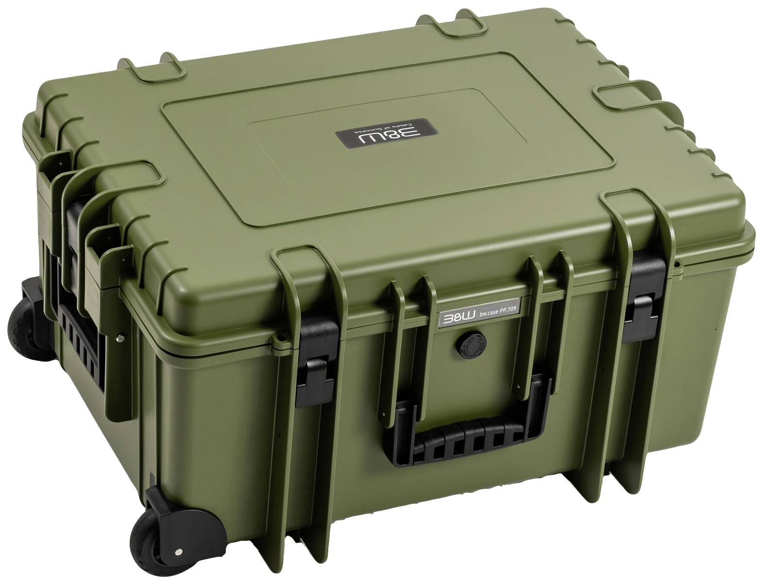 Ein olivgrüner, rollbarer Schutztrolley mit Tragegriff und Verschlussriegeln, ideal für sicheren Transport empfindlicher Ausrüstung.