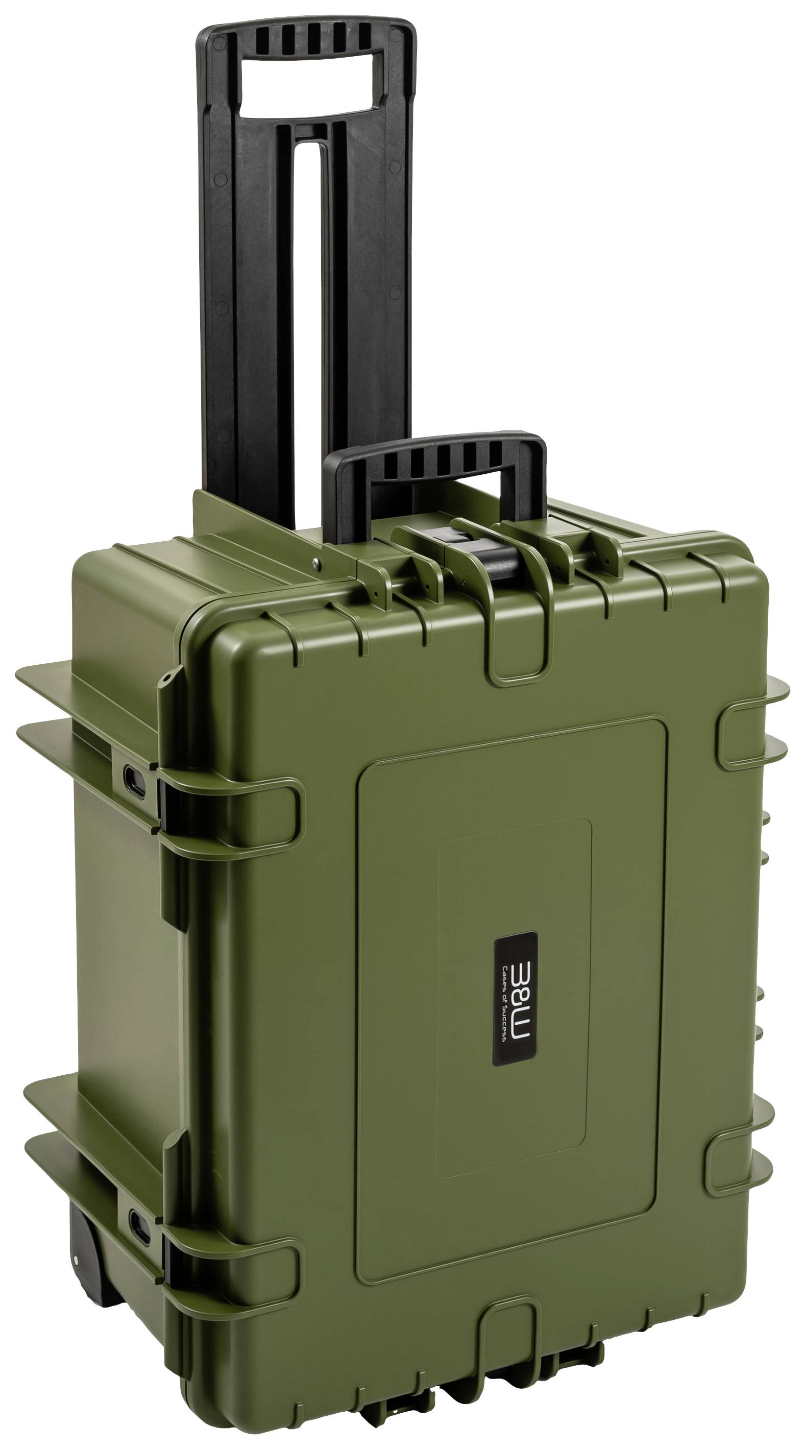 Grüner, robuster Hartschalenkoffer mit Teleskopgriff und Rollen, ideal für sicheren Transport von empfindlichem Equipment.