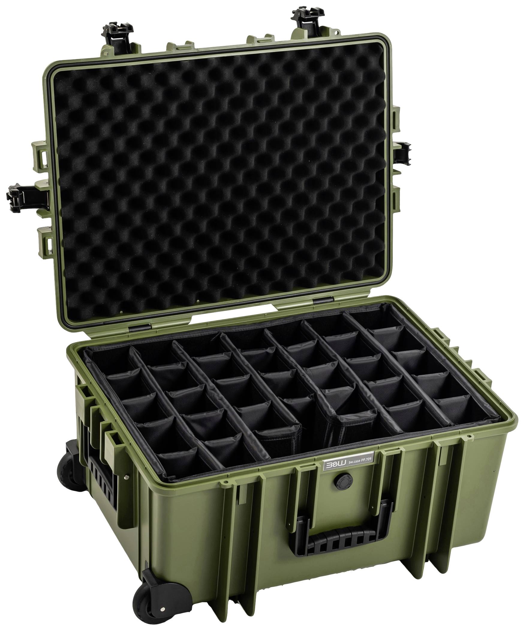 Robuster, grüner Schutzkoffer mit offenem Deckel. Innen befindet sich ein anpassbares Fachsystem für sichere Aufbewahrung von Gegenständen.