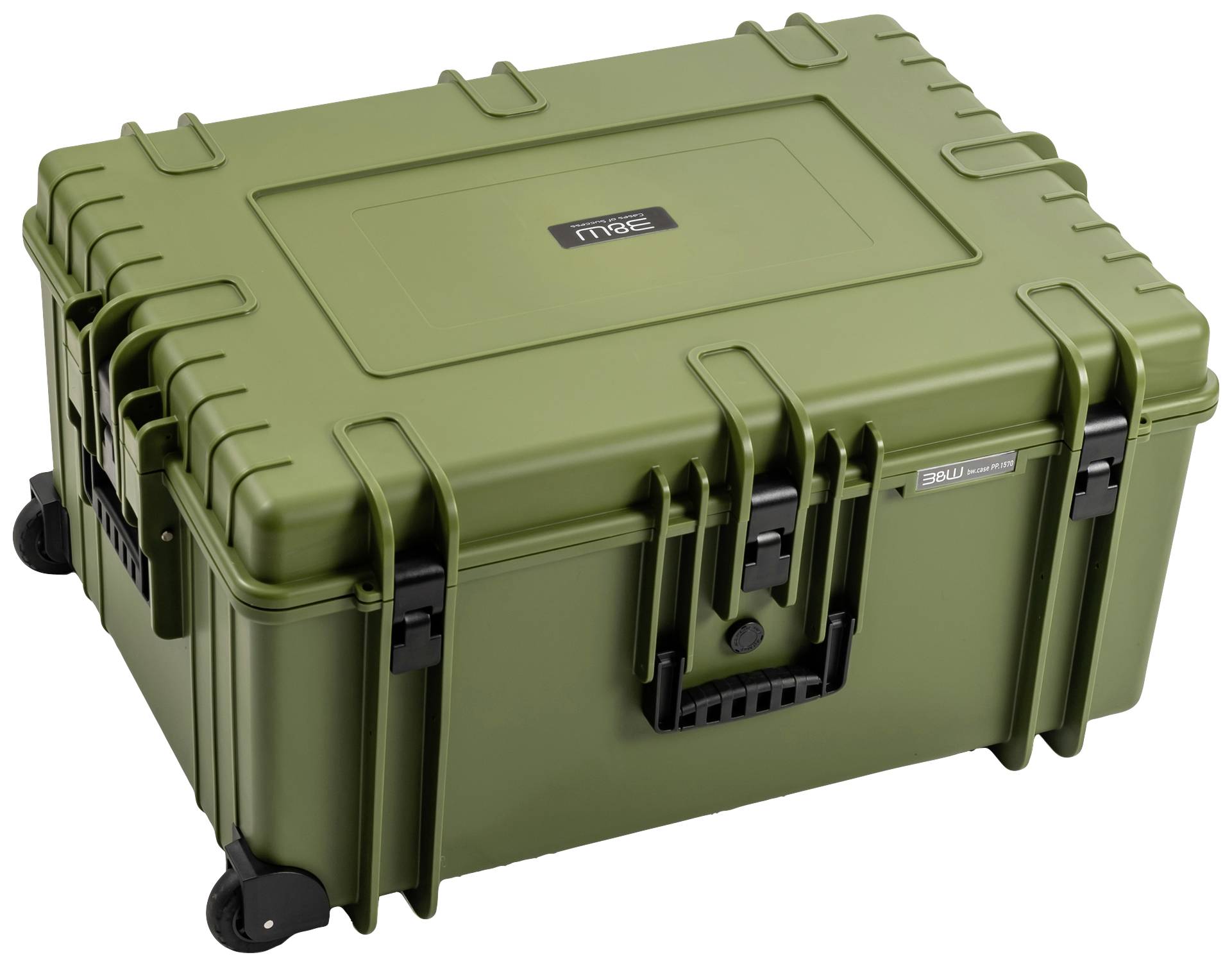 Ein olivgrüner, robuster Transportkoffer mit Rollen und Sicherheitsverschlüssen. Ideal zum Schutz empfindlicher Ausrüstung.