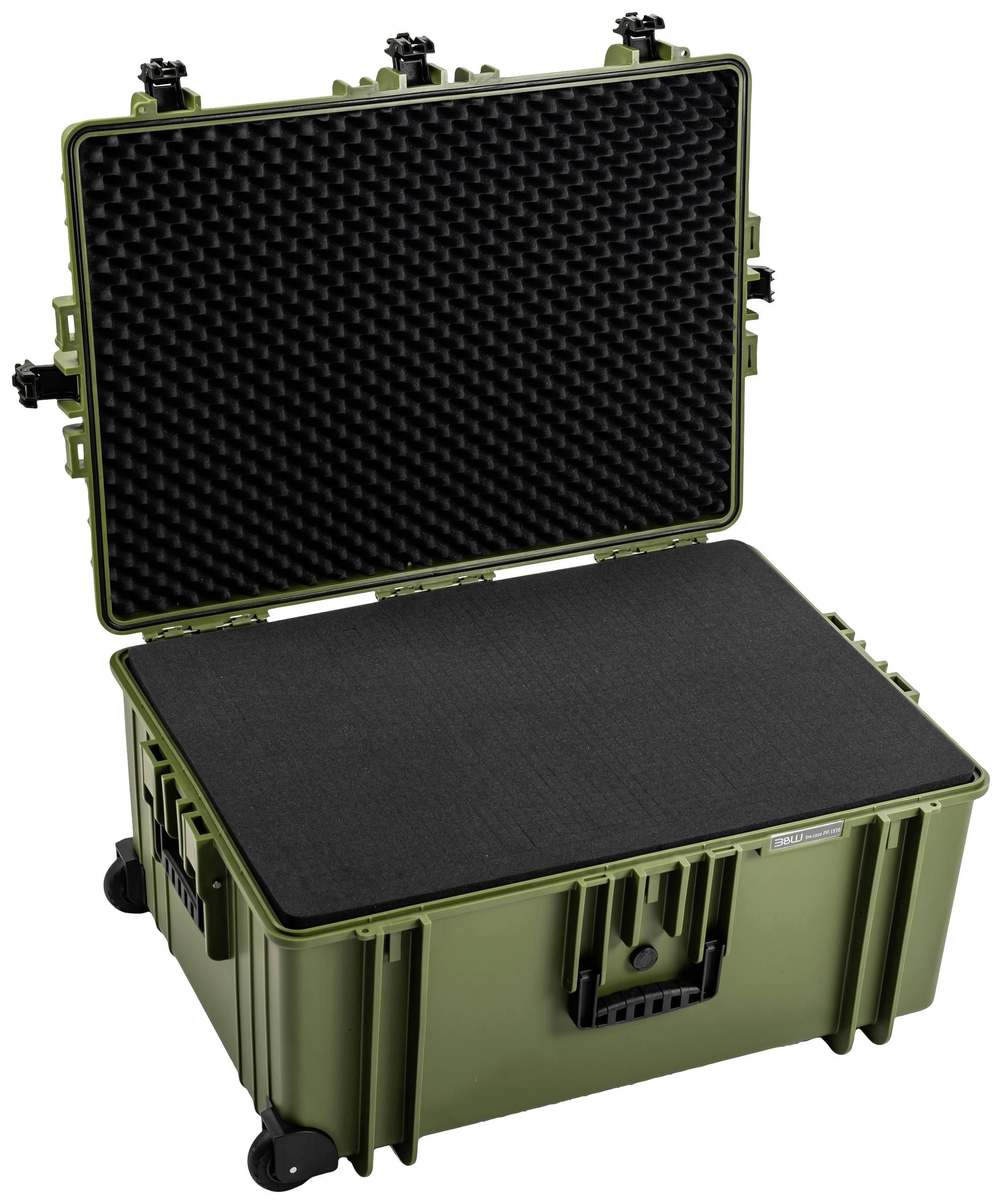 Olivegrüner Schutzkoffer mit offenem Deckel, Innenraum mit Schaumstoff ausgekleidet, stabiler Griff an der Seite, mobil auf Rollen.